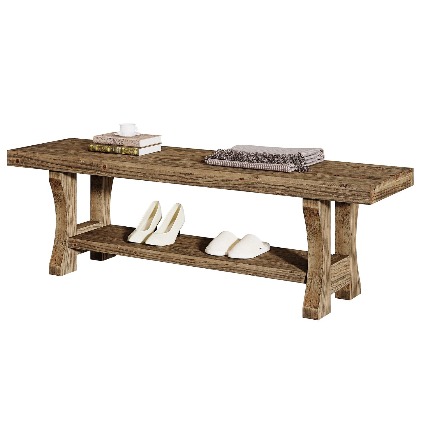 Solid Wood Entryway Bench, 55" End of Bed Bench, Long Indoor Dining Seat for Hallway, Bedroom, Living Room, Dining Room, Easy Assembly, Brown