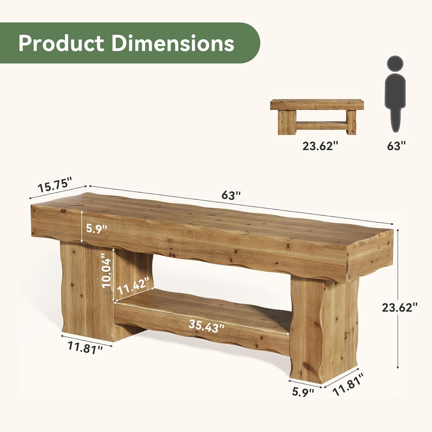 Solid Wood Bench 63" Two Tier Entryway Shoe Rack Bench, End of Bed Bench with Storage, Rustic Wood Bench for Bedroom, Hallway, Living Room, Kitchen, Dining, Rustic Brown