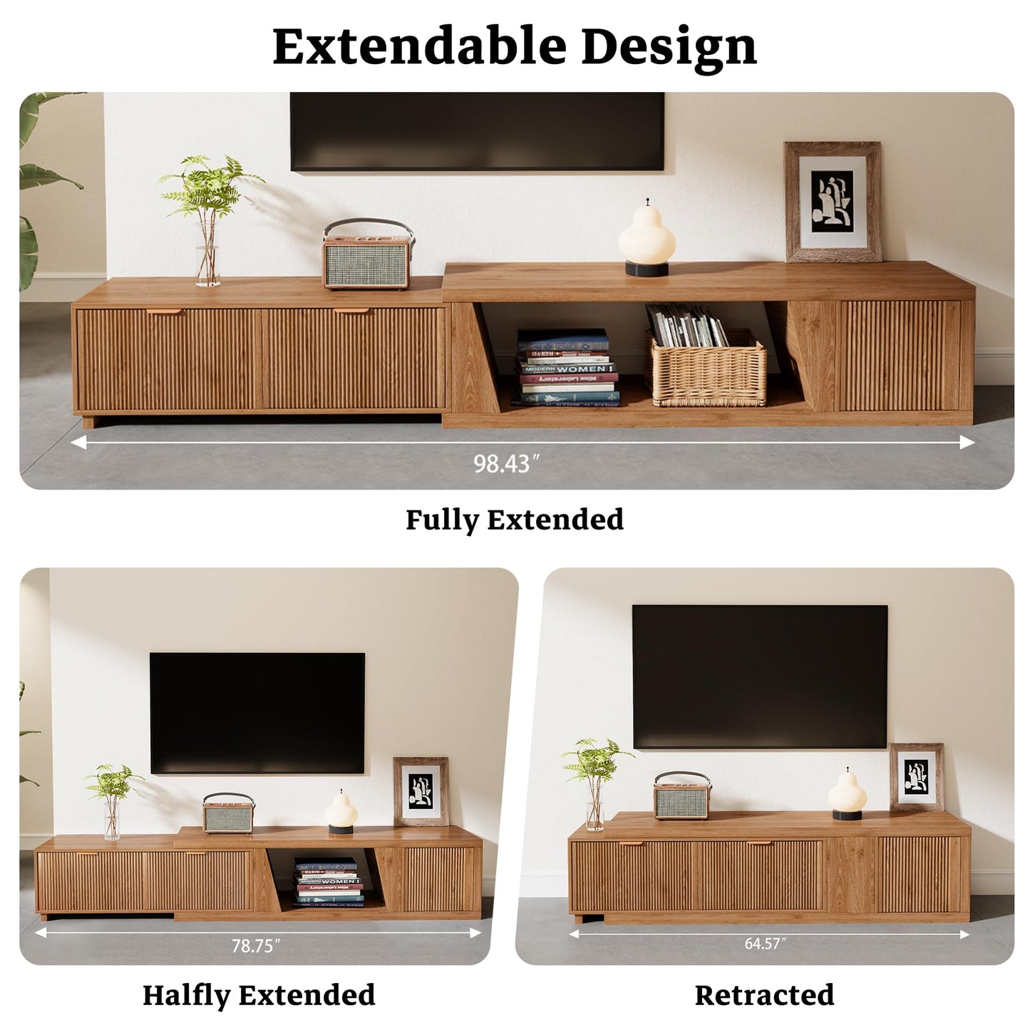 Epecoya 98 Inch Extendable TV Stands for Living Room, Wooden Extra Long TV Stand with Adjustable Shelf and Drawers, Fluted TV Console with Storage Cabinet, Warm Brown Oak (64.57" W-98.43" W)