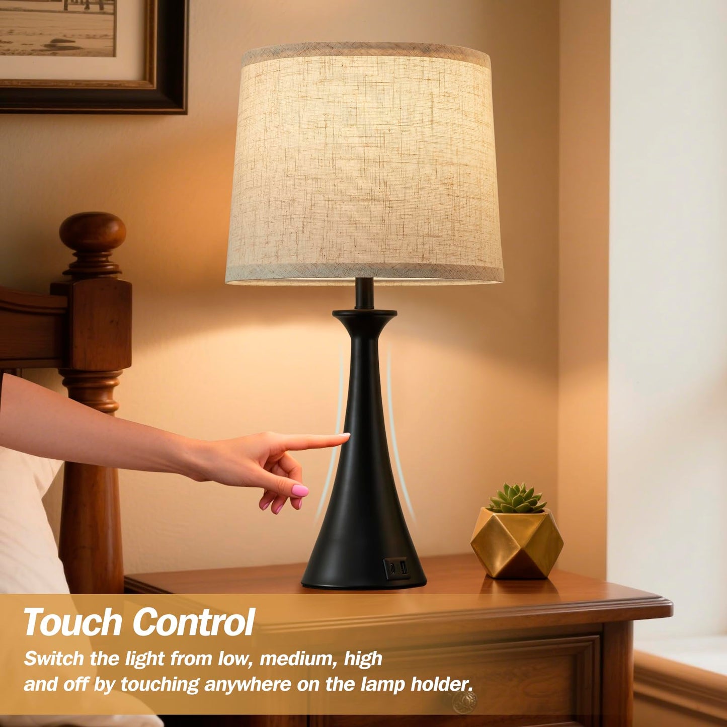 Touch Lamp for Living Room Bedroom, 21" Table Lamps Set of 2 with USB C+A Ports, Touch Bedside Lamps for Nightstand with 3 Way Dimmable, 2 LED Bulbs Included, Black