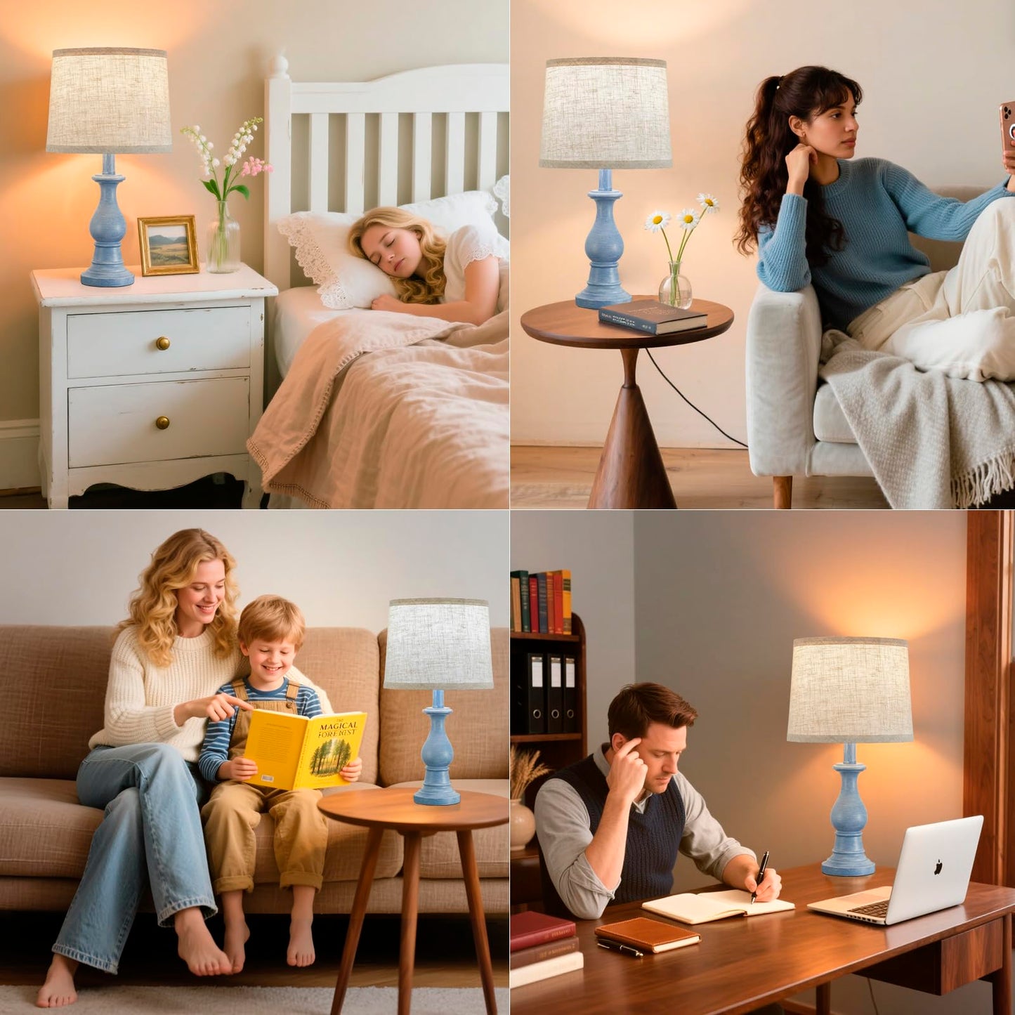 Vintage Table Lamp for Living Room Bedroom, 18.5" Farmhouse Bedside Lamps Nightstand Lamp Set of 2, Table Lamps with Oatmeal Linen Lamp Shades, 2 LED Bulbs Included