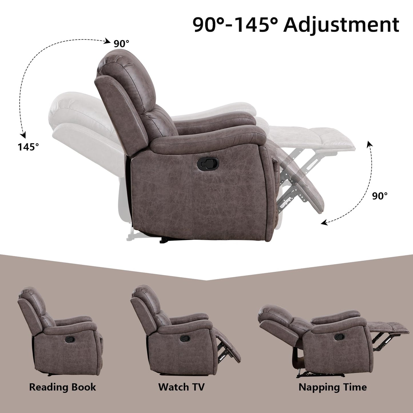 IOMOR Leather Recliner Chair, Manual Recliner Chair for Adults with Overstuffed Arms and Back, Single Sofa Recliner with Cup Holders for Living Room (1, Brown)