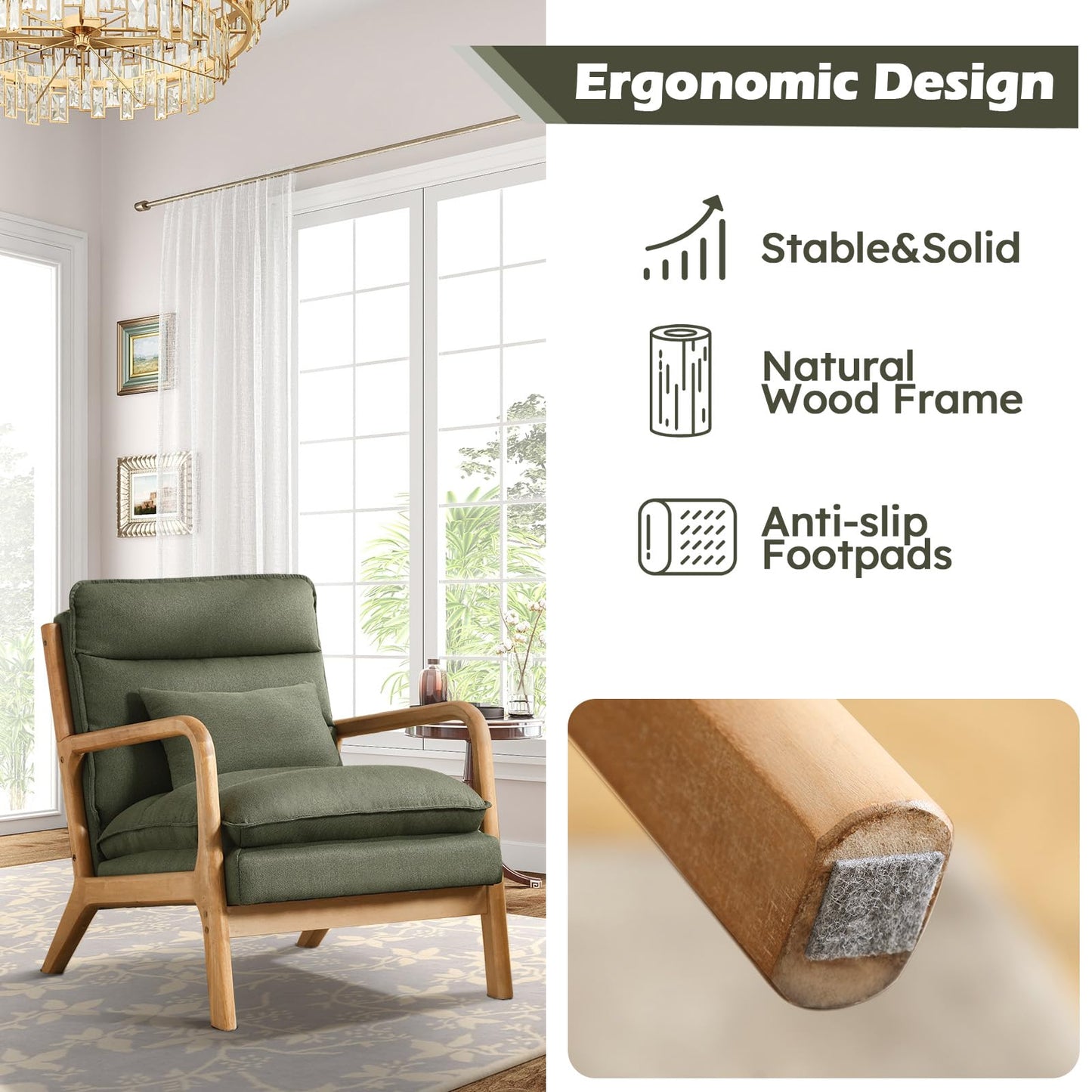 IOMOR Mid Century Modern Accent Chair, Upholstered Lounge Armchair with Plump Back Pillow, Comfy Reading Chair with Solid Wood Frame for Bedroom Living Room, Brown