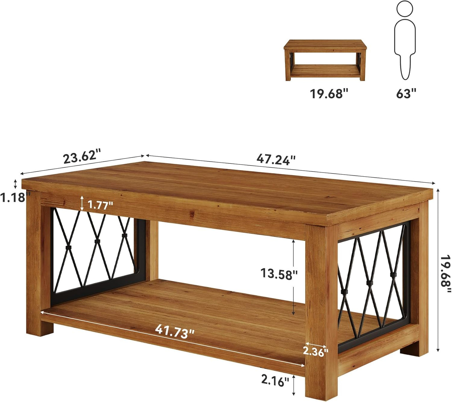 47.2" Solid Wood Coffee Table, 2-Tier Storage Design, Farmhouse Rectangular Center Cocktail Table, Rhomboid Metal Frame, for Living Room, Office, Balcony, Easy Assembly