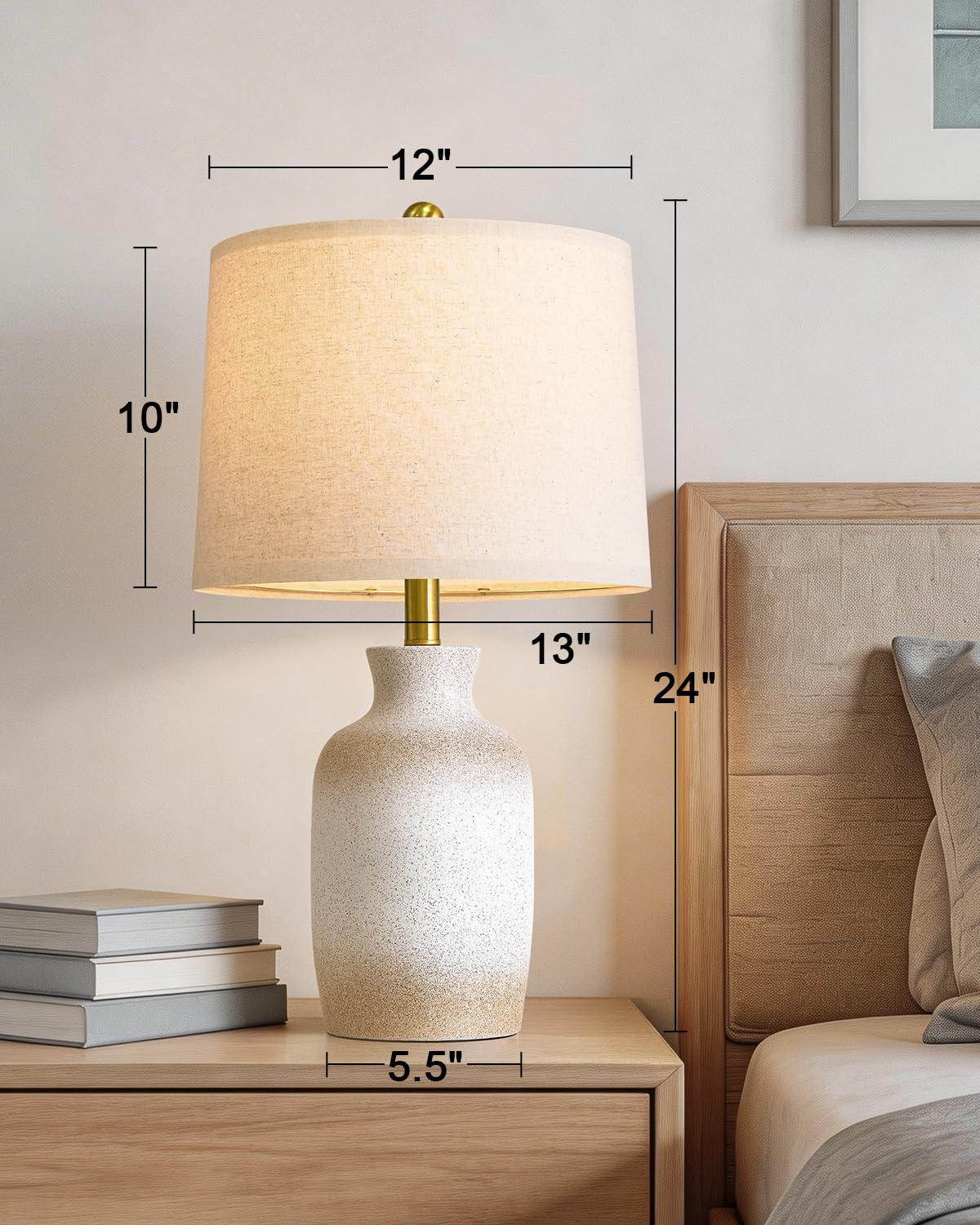 PoKat 24'' Farmhouse Ceramic Table Lamp for Living Room with Natural Textured Finish, Rustic Bedside Lamps for Bedroom, Organic Nightstand Lamps Dresser End Side Table Home Gift (White and Antique)