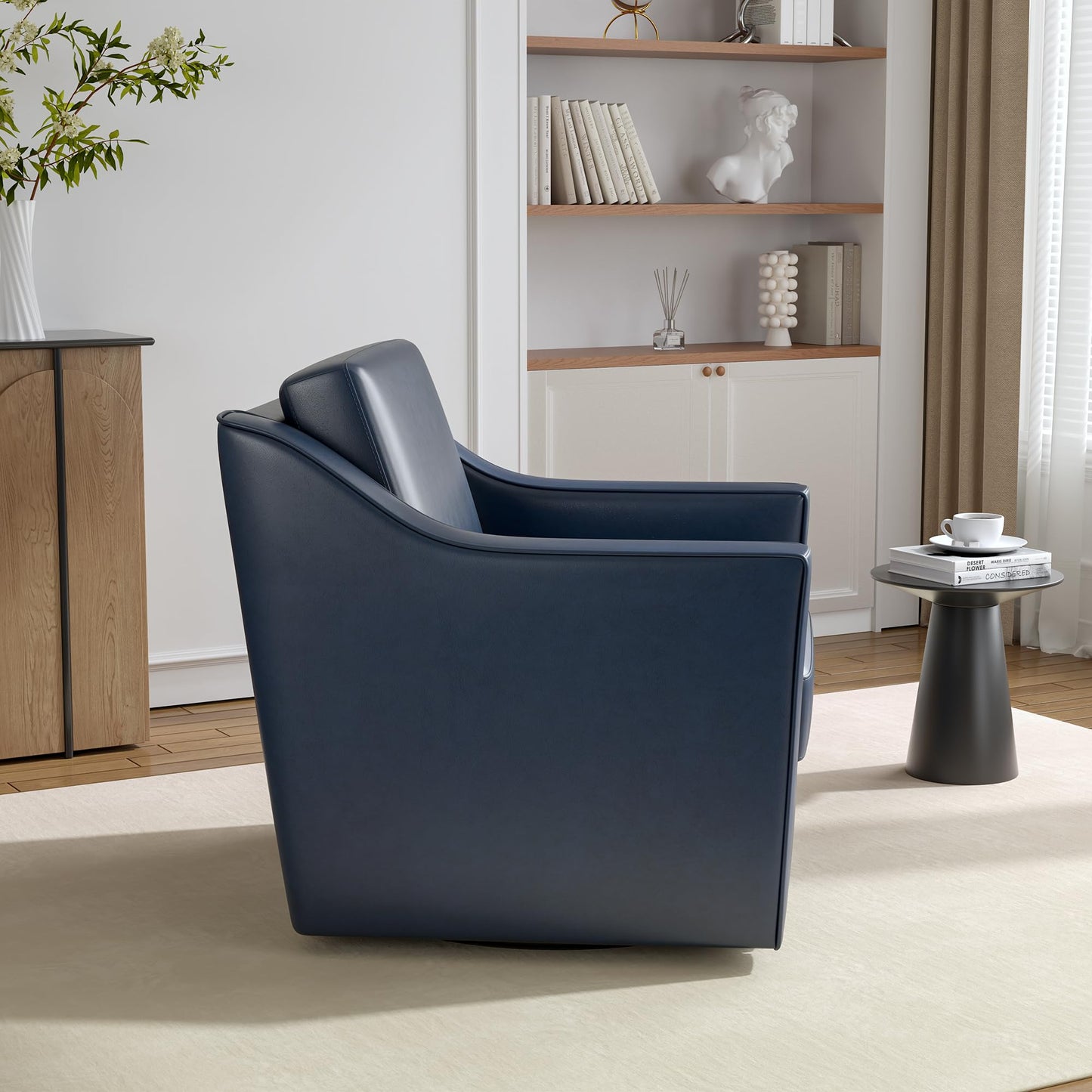 Swivel Accent Chairs Set of 2, 360° Swivel Upholstered Faux Leather Club Armchairs for Living Room, Comfy Single Sofa Reading Chair with Deep Seat, Metal Swivel Base, Coffee