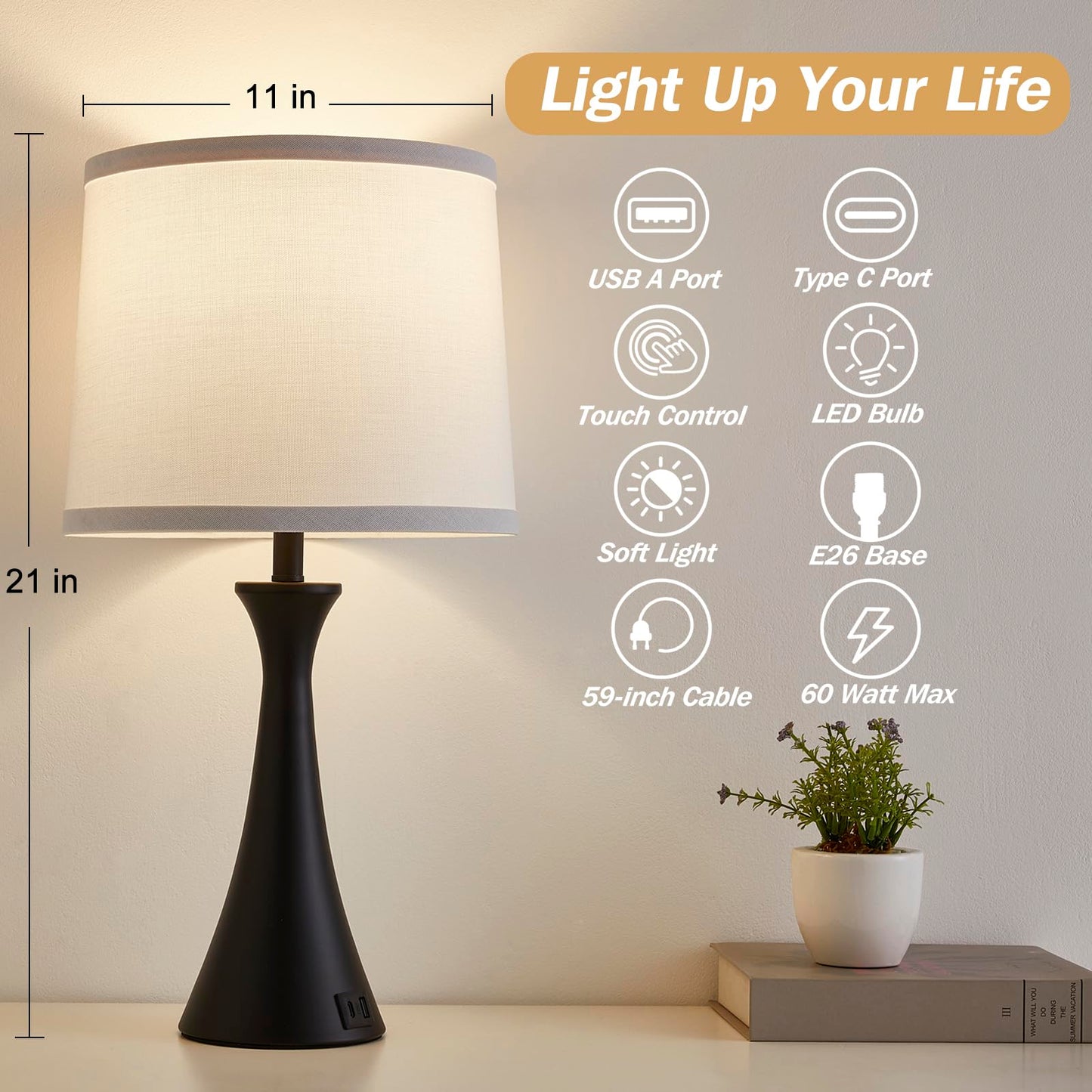 Touch Lamp for Living Room Bedroom, 21" Table Lamps Set of 2 with USB C+A Ports, Touch Bedside Lamps for Nightstand with 3 Way Dimmable, 2 LED Bulbs Included, Black