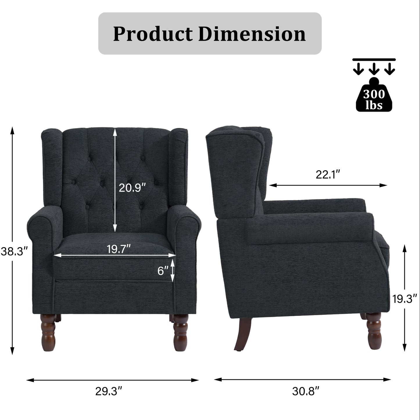 Faux Leather Wingback Chairs Set of 2, High Back Accent Chair for Living Room, Button-Tufted Upholstered Armchair with Solid Wood Legs, Comfy Reading Chair for Bedroom, Brown
