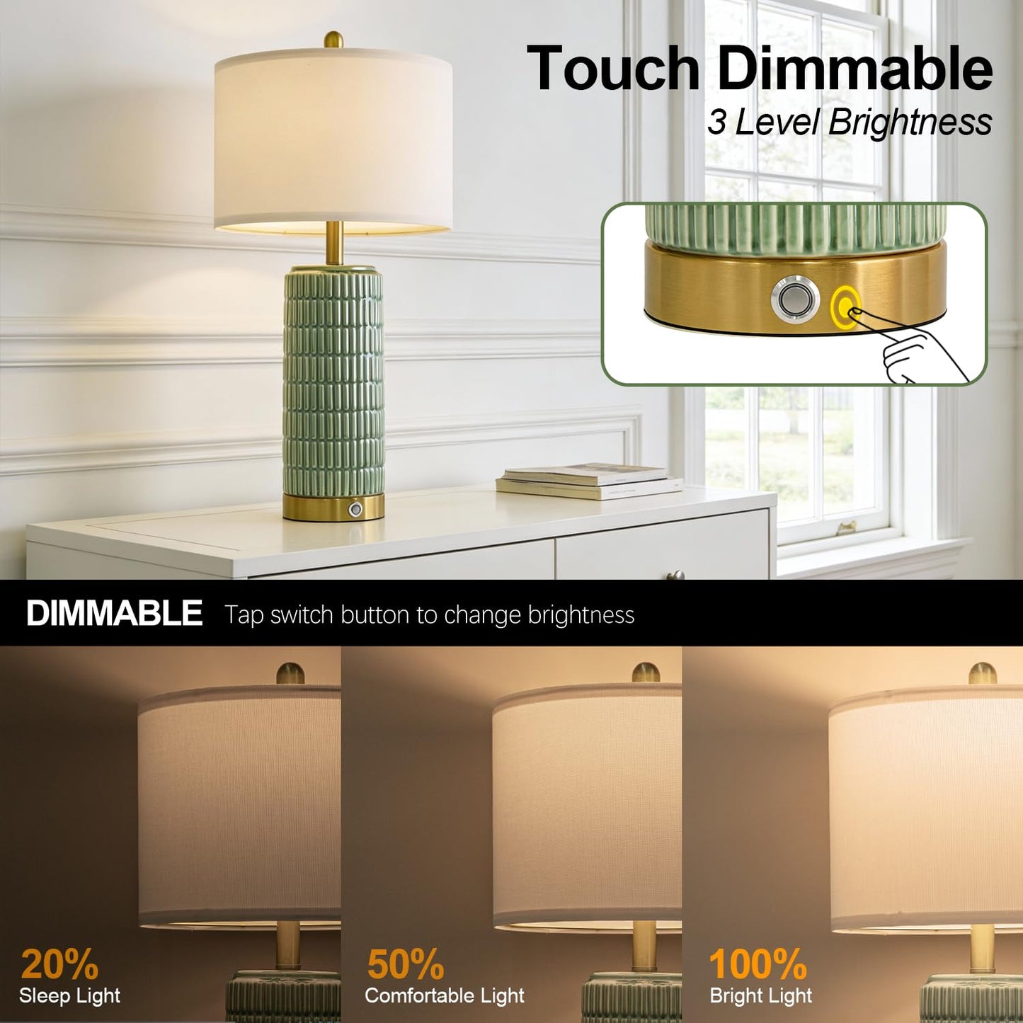 PoKat Touch Bedside Table Lamps with USB Ports for Bedroom Living Room, 25'' Dimmable Nightstand Touch Lamps for Living Room, Modern Ceramic Lamps for Night Stands Bedroom, Office, White and Beige