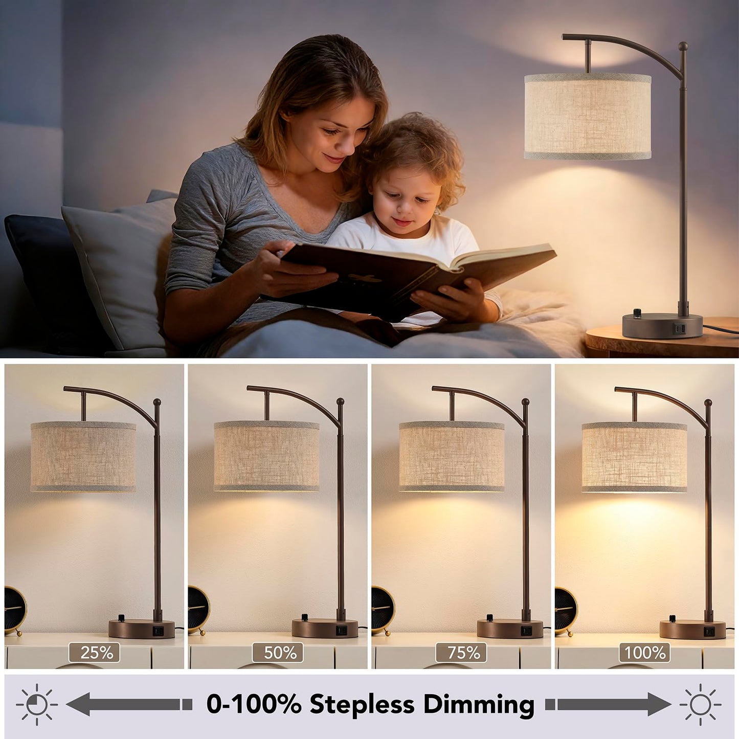 Table Lamp for Living Room Bedroom, 23.5" Table Lamps Set of 2 with USB C+A Ports, Bedside Lamps for Nightstand with Linen Lamp Shades, 2 Dimmable LED Bulbs Included, Black
