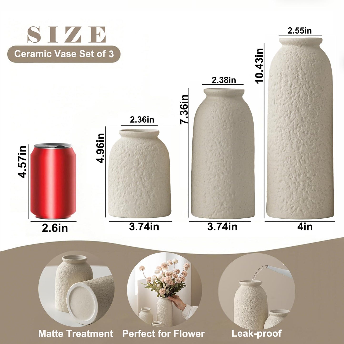 10.4 inches Tall Decorative Ceramic Vase Set, 3 Pieces, Nordic Modern Boho Style, White, Modern Farmhouse for Home Decor (Coffee Mix)