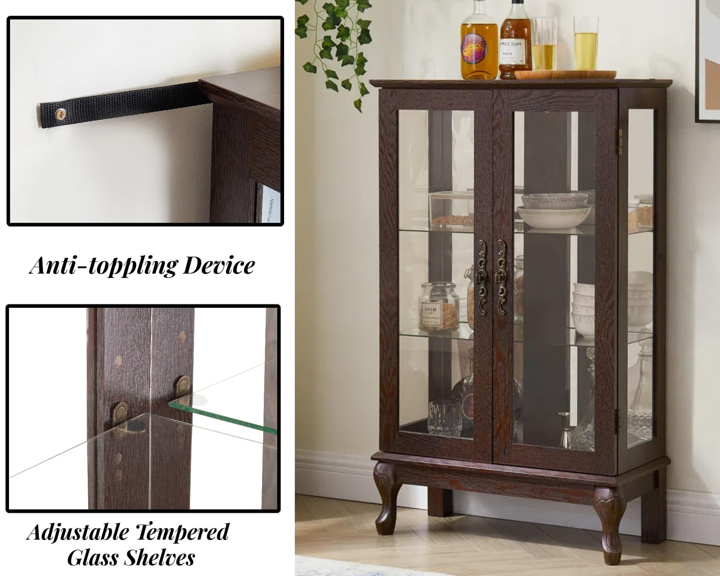 LKTART Curio Glass Display Cabinet,Storage Cabinet with Lights and Mirrored Back Panel,China Cabinet with Tempered Glass Doors and Shelves,Collectible Display Shelf,Included Bulb White