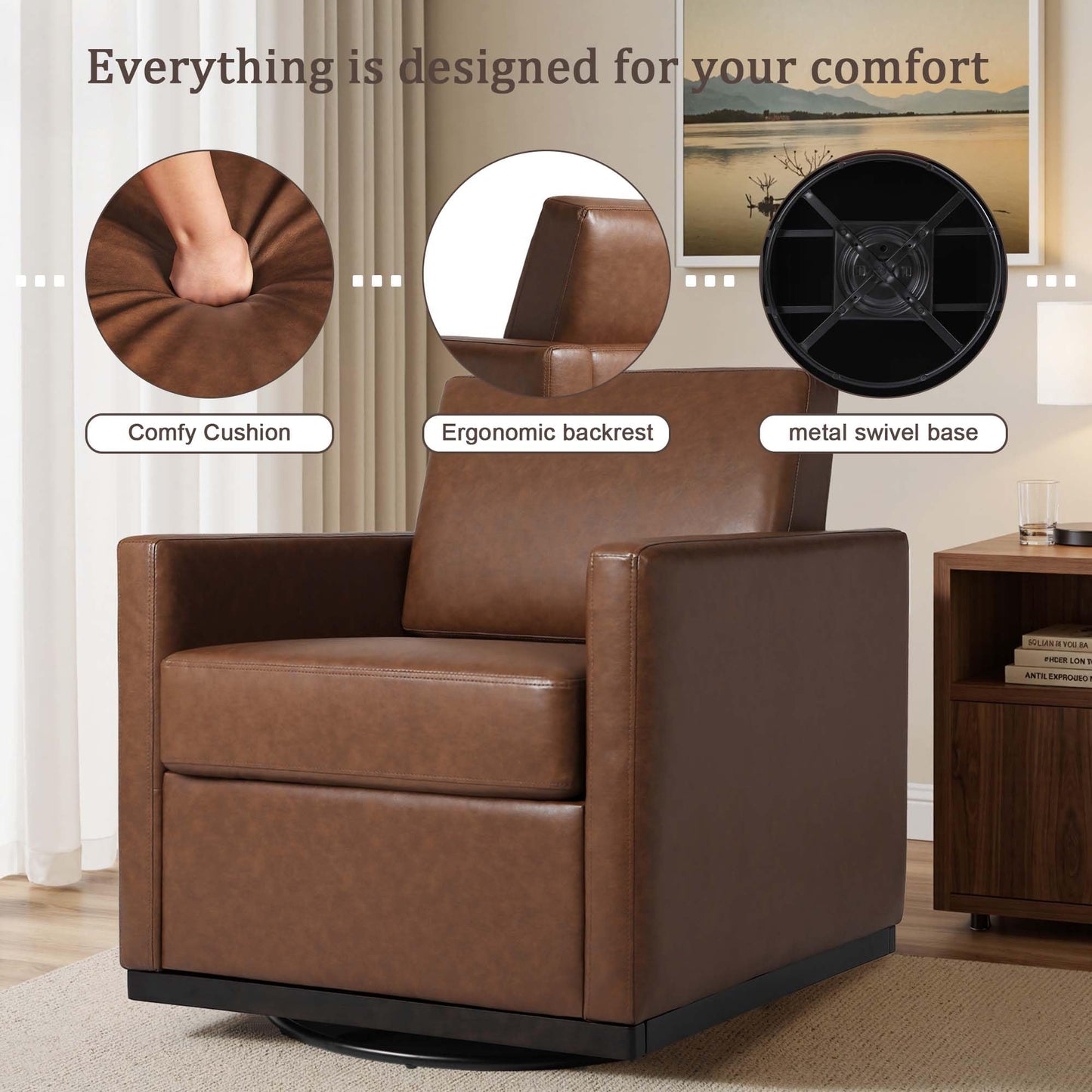 Faux Leather Swivel Accent Chairs Set of 2, 360° Swivel Upholstered Club Armchairs for Living Room, 31" Wide Square Single Sofa Reading Chair with Deep Seat, Metal Swivel Base, Navy