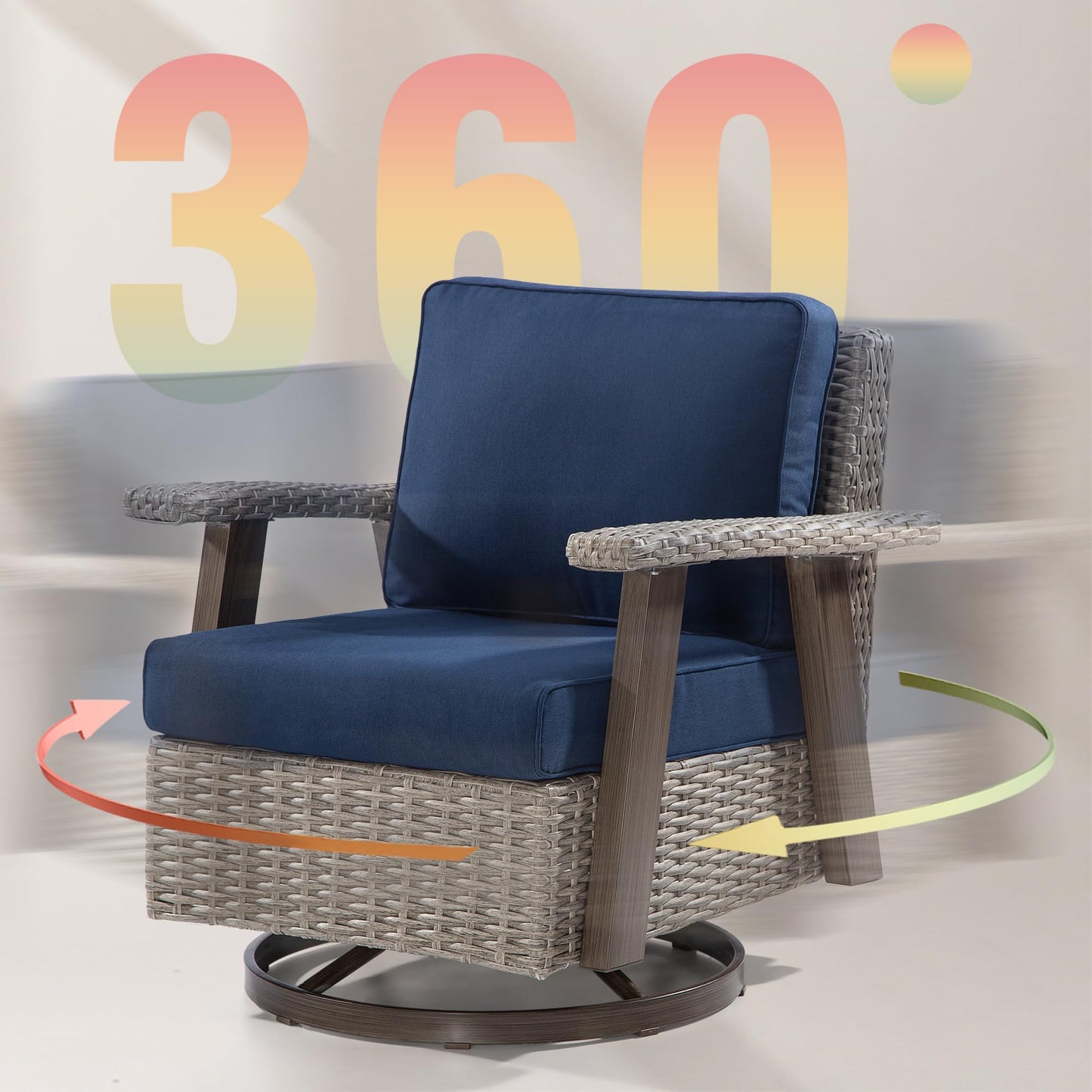 Joyside Patio Chair - Outdoor 360 Degree Swivel Rocker Chair with Durable Fabric Cushion and Ergonomic Structure, Patio Wicker Dining Chair(Grey/Dark Blue)