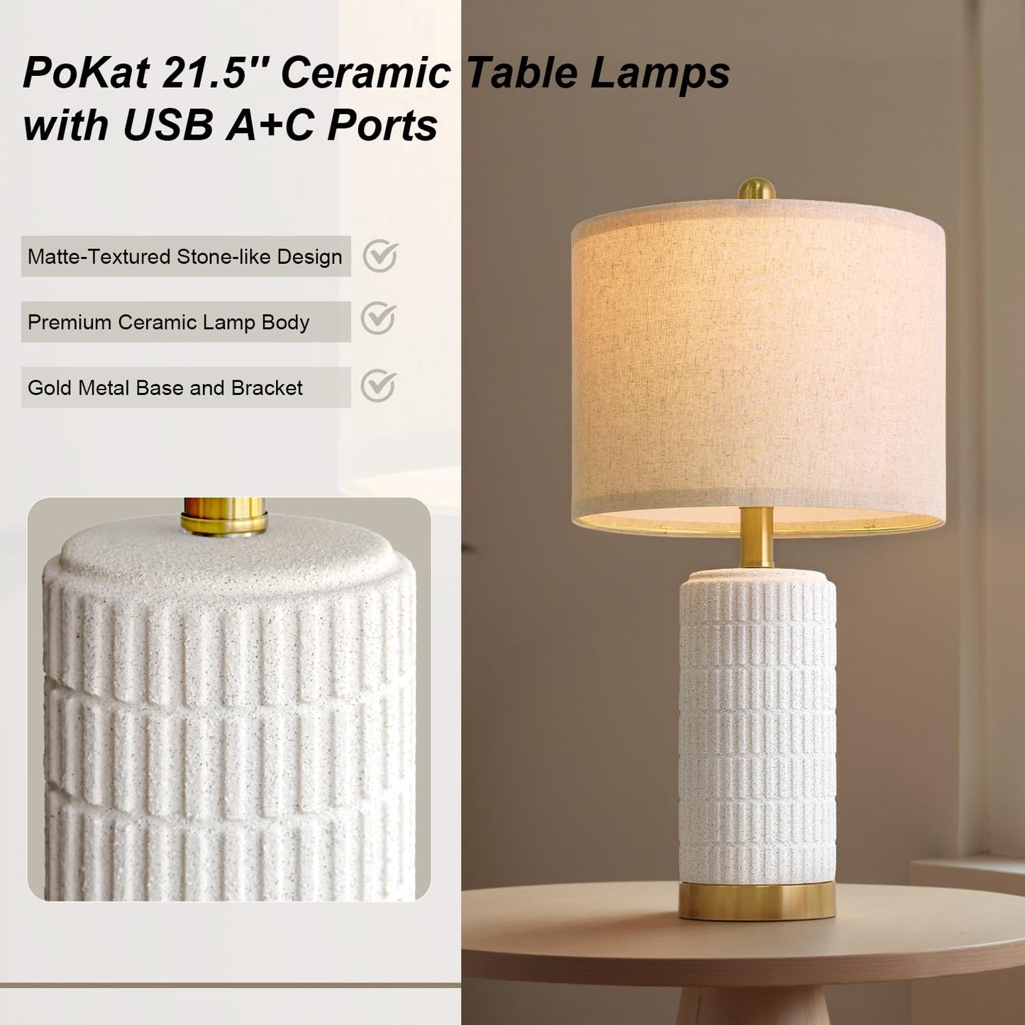 PoKat 20.75" Small Modern Ceramic Table Lamps Set of 2 for Bedroom, White Bedside Lamps for Night Stands, Farmhouse Desk Decor Gift Nightstand Table Lamps for Living Room End Table Beige
