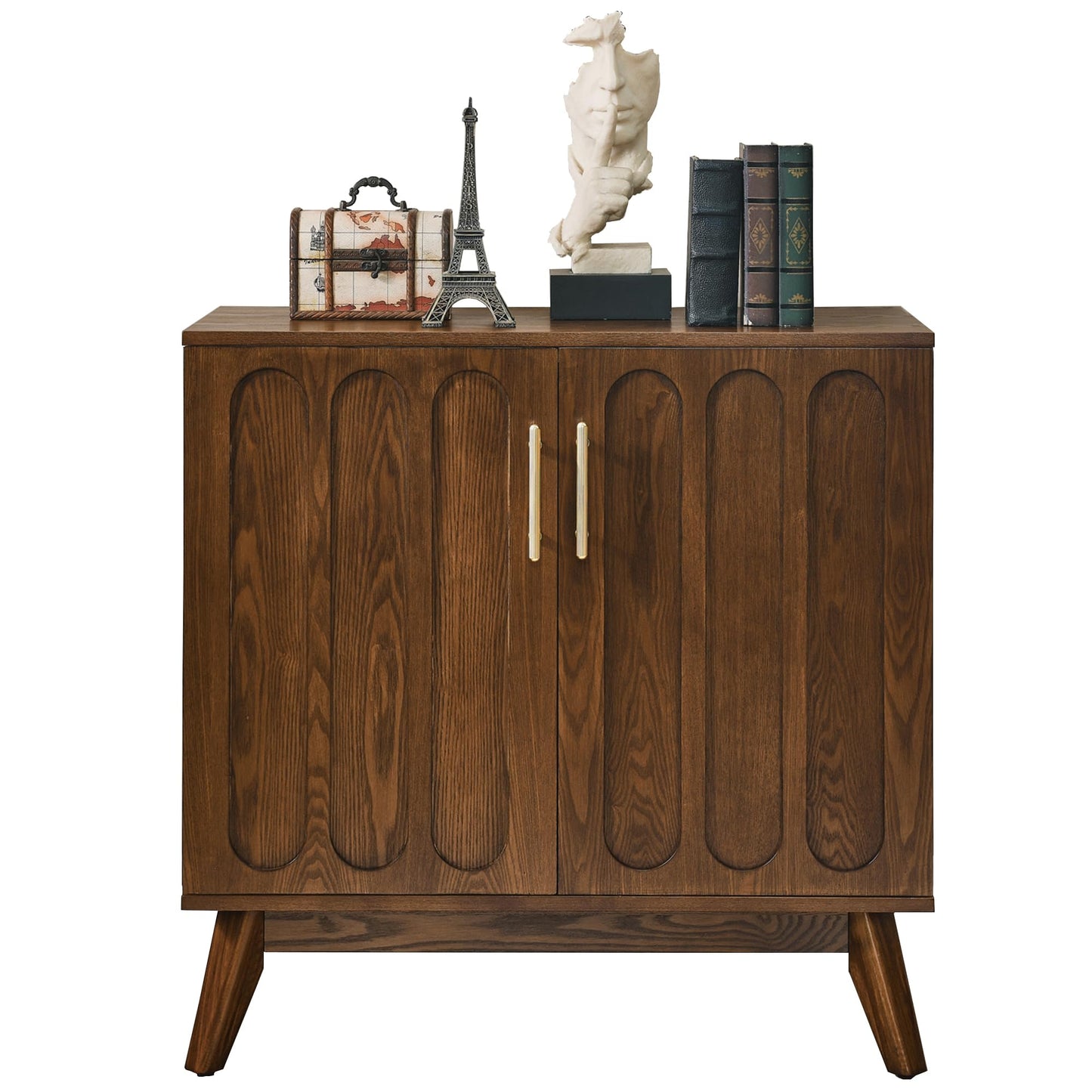 LKTART Mid Century Modern Storage Cabinet with Rattan Sliding Doors and Open Shelves, Boho Style Wooden Sideboard Buffet for Living Room,Dark Walnut