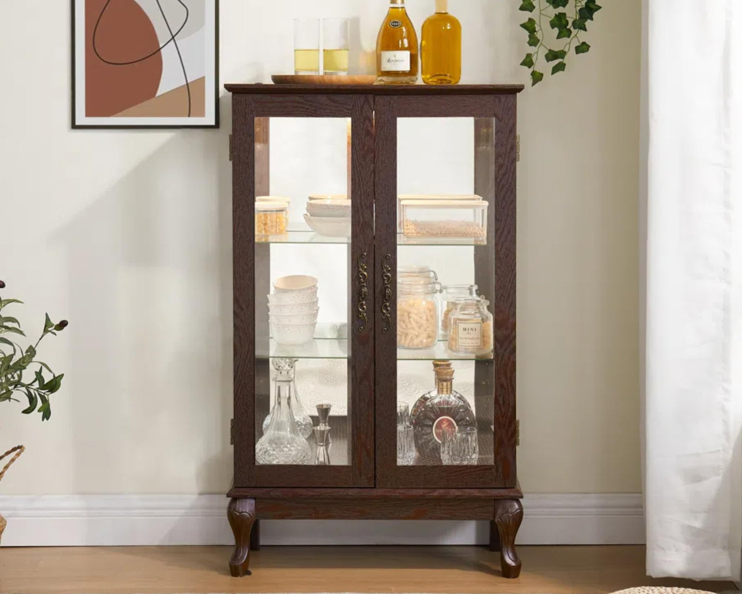 LKTART Curio Glass Display Cabinet,Storage Cabinet with Lights and Mirrored Back Panel,China Cabinet with Tempered Glass Doors and Shelves,Collectible Display Shelf,Included Bulb White