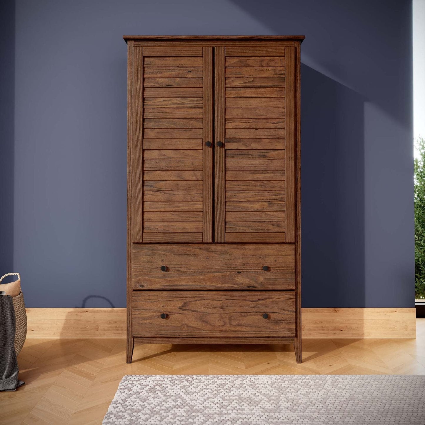 Grain Wood Furniture Greenport 2-Door Wardrobe, Solid Wood with a Brushed Walnut Finish