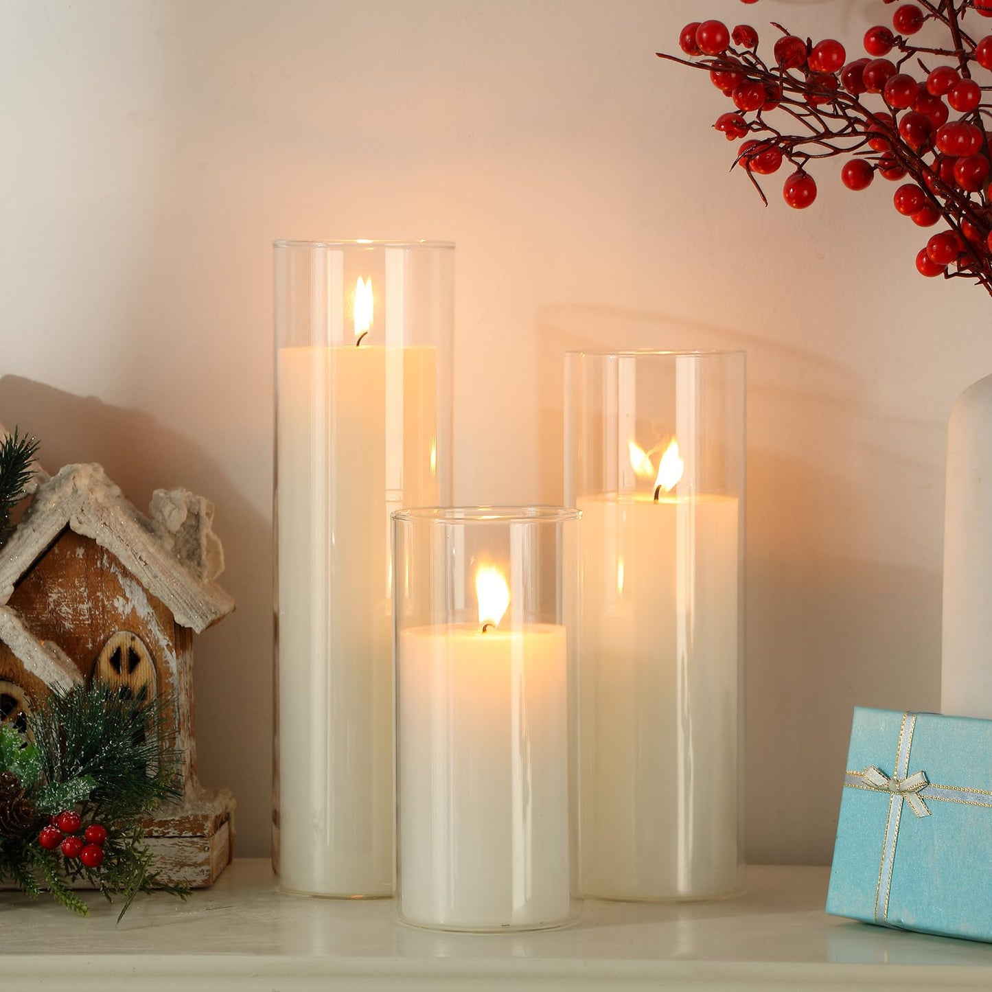 Shihanee Set of 3 Pillar Candles and 3 Glass Cylinder Candle Vases Holders Clear Pillar Jars for Wedding Centerpieces(3'' x 5.9'', 7.9'', 9.8'',Ivory White)