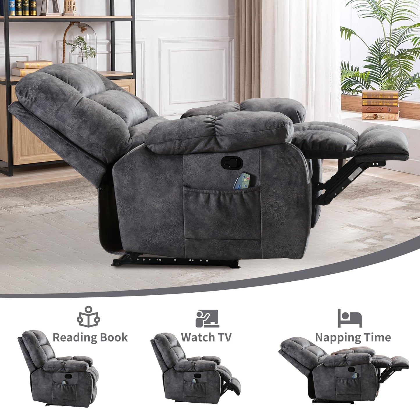 IOMOR Massage Recliner Chair with Heat and Massage, Ergonomic Overstuffed Breathable Fabric Reclining Chairs, Single Sofa Chair with Side Pockets for Living Room Home Theater (Dark Gray)
