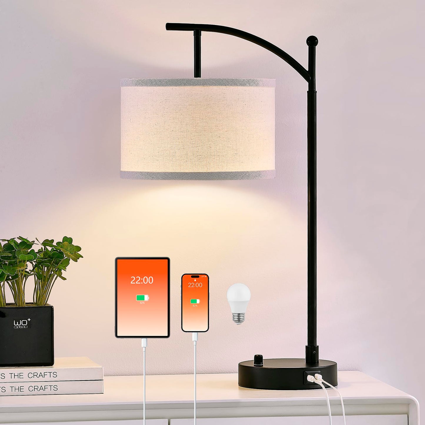 Table Lamp for Living Room Bedroom, 23.5" Table Lamps Set of 2 with USB C+A Ports, Bedside Lamps for Nightstand with Linen Lamp Shades, 2 Dimmable LED Bulbs Included, Black