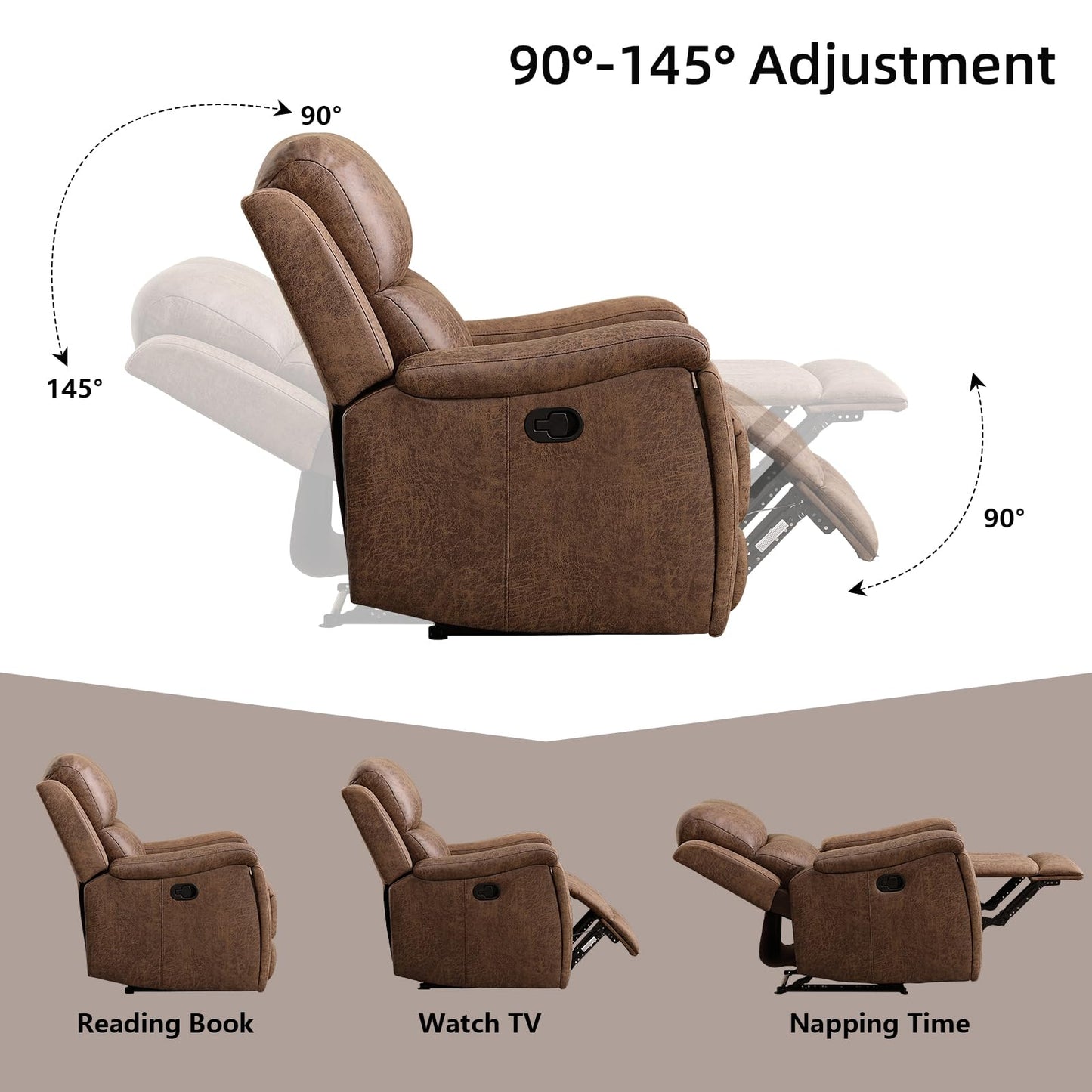 IOMOR Leather Recliner Chair, Manual Recliner Chair for Adults with Overstuffed Arms and Back, Single Sofa Recliner with Cup Holders for Living Room (1, Brown)