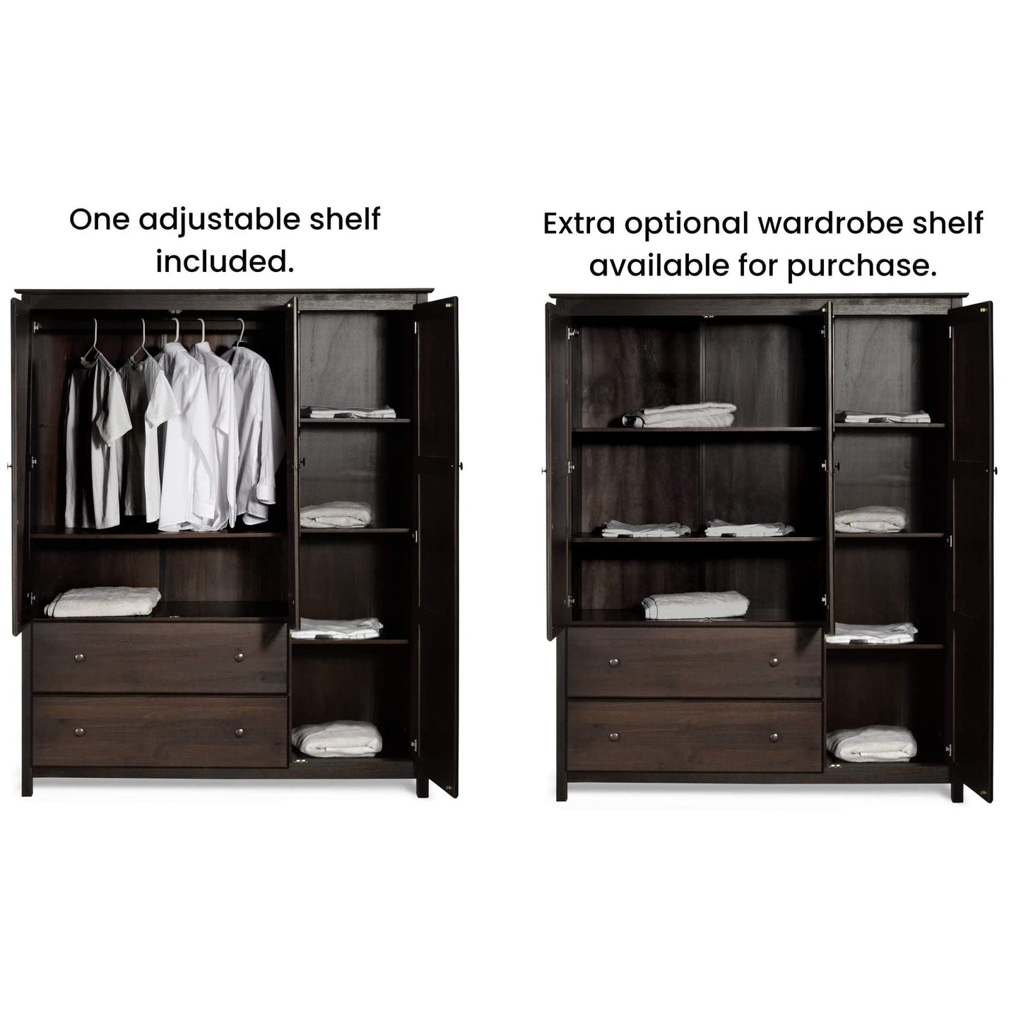 Grain Wood Furniture Shaker 3-Door Wardrobe, Solid Wood with Expresso Finish