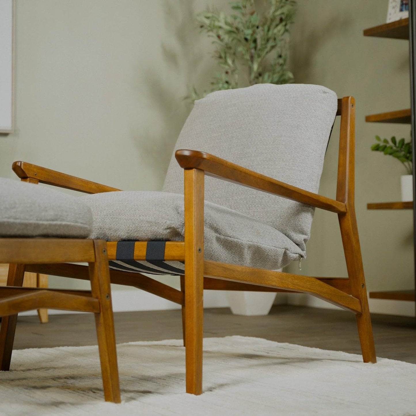 Grain Wood Furniture Solid Wood Mid Century Lounge Chair with Stone Gray Cushions