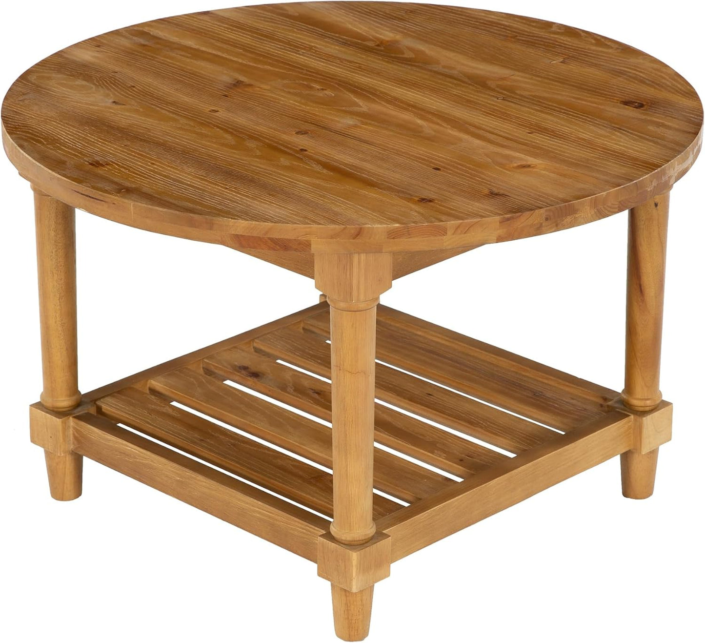 Round Coffee Table, 31.5" Farmhouse Solid Wood Center Table with Storage, 2-Tier Circle Accent Table for Living Room, Small Spaces, Apartment, Rustic Brown
