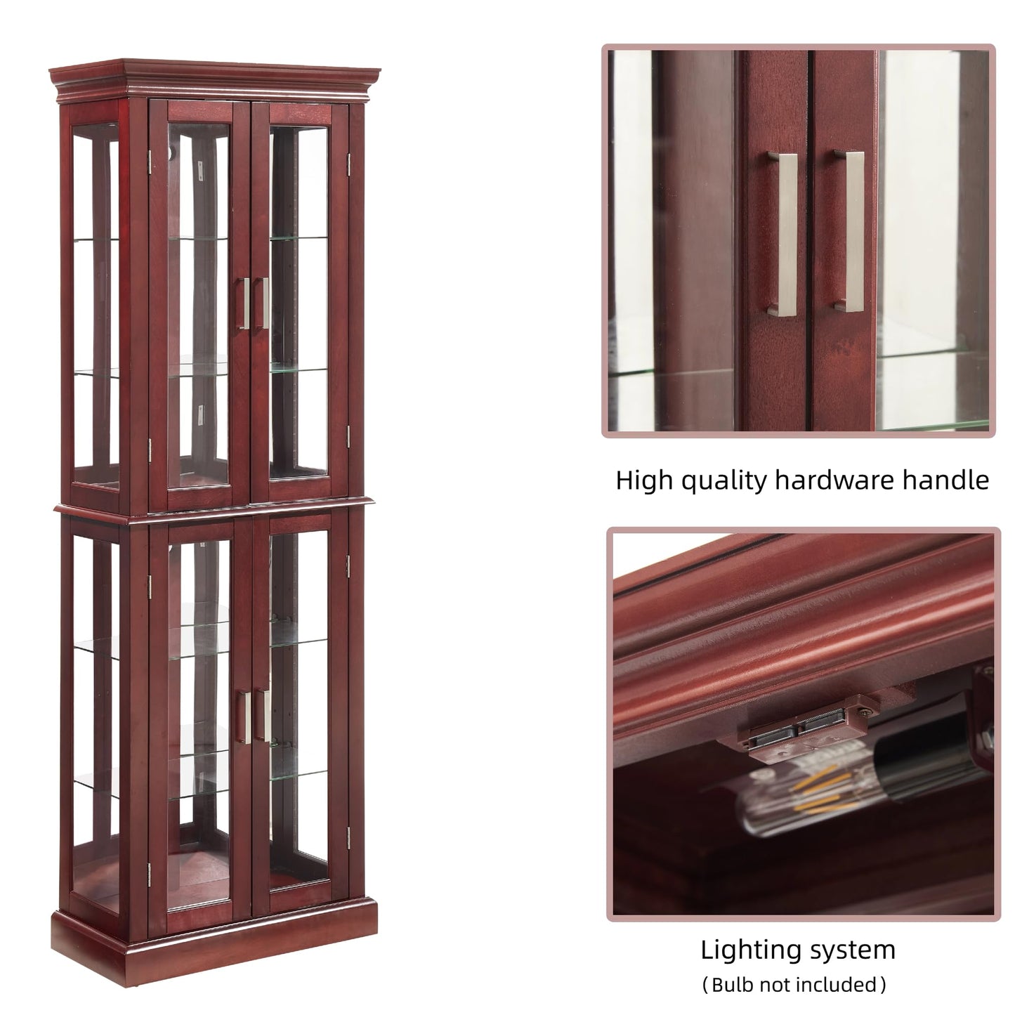 LKTART Curio Glass Display Cabinet with Lighted and Mirrored Back Panel,China Cabinets with Glass Doors,Tall Storage Cabinets with Adjustable Shelves for Curio Collectibles Storage(Cherry)