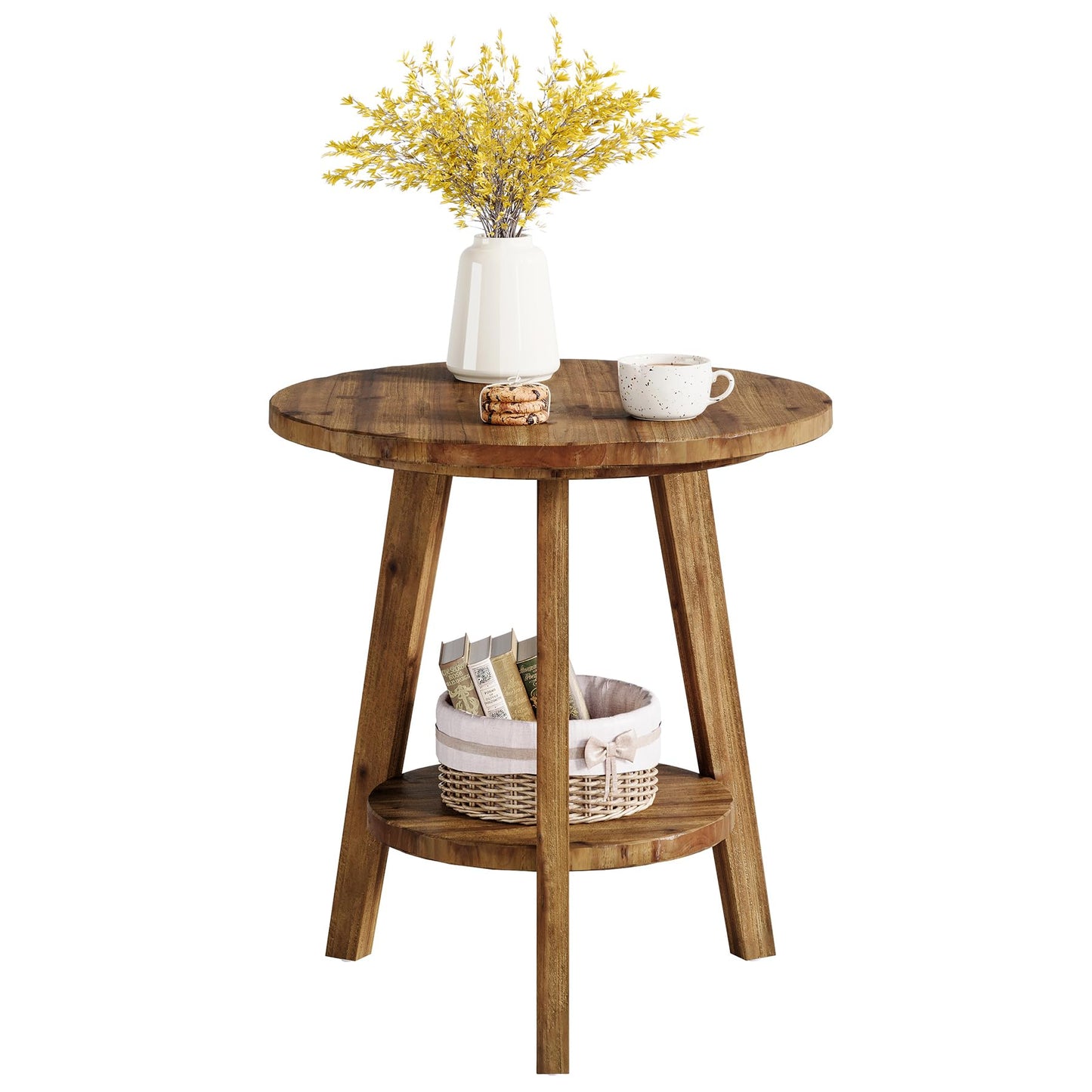 Solid Wood Round End Table, Sofa Side Table with Storage Shelf, Farmhouse Nightstand for Living Room, Bedroom, Easy Assembly (Dark Brown, 1 PC)