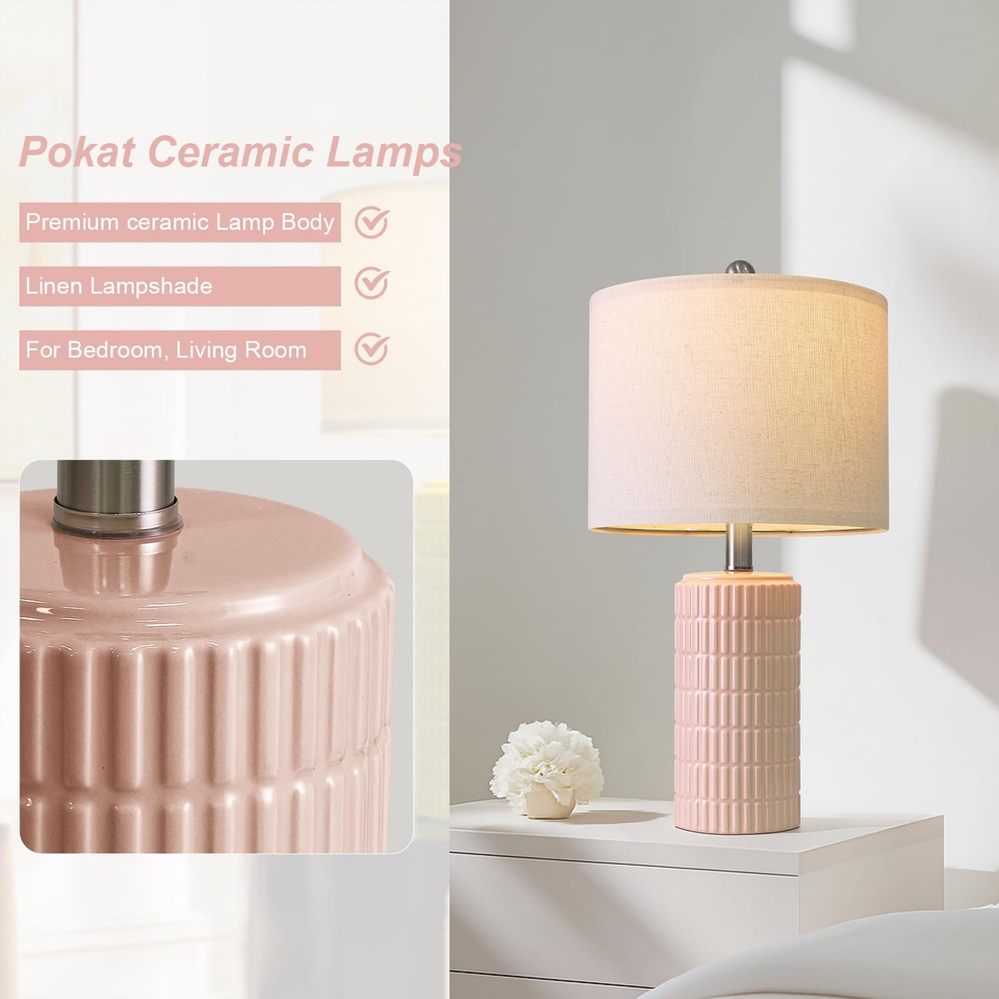 PoKat 20.75" Small Modern Ceramic Table Lamps Set of 2 for Bedroom, White Bedside Lamps for Night Stands, Farmhouse Desk Decor Gift Nightstand Table Lamps for Living Room End Table Beige