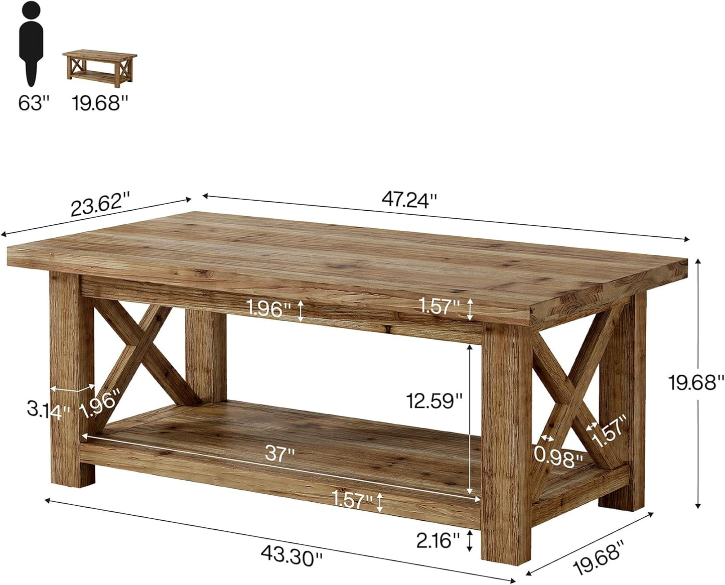Solid Wood Coffee Table with X-Frame Side, 2-Tier Farmhouse Rectangular Center Table for Living Room, Accent Cocktail Tea Table with Storage, Brown
