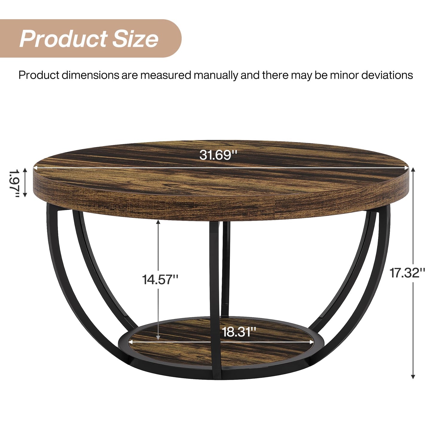 Tribesigns Round Coffee Table, 31.7" Wooden 2-Tier Circle Coffee Table with Storage Shelves, Modern Accent Cocktail Table Center Table for Living Room, Grey