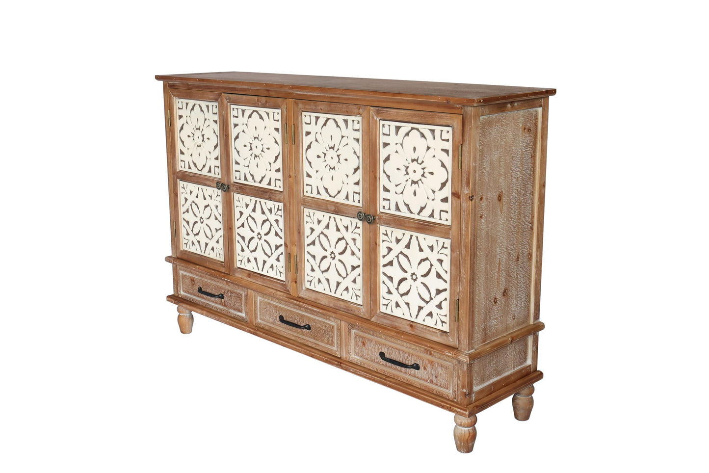 LKTART 60" Farmhouse Sideboard Buffet,Solid Fir Wood Frame with Hollowed-Out Carved Doors,Hand-Distressed Design,Versatile Storage Cabinet for Kitchen, Living Room,Natural Wood