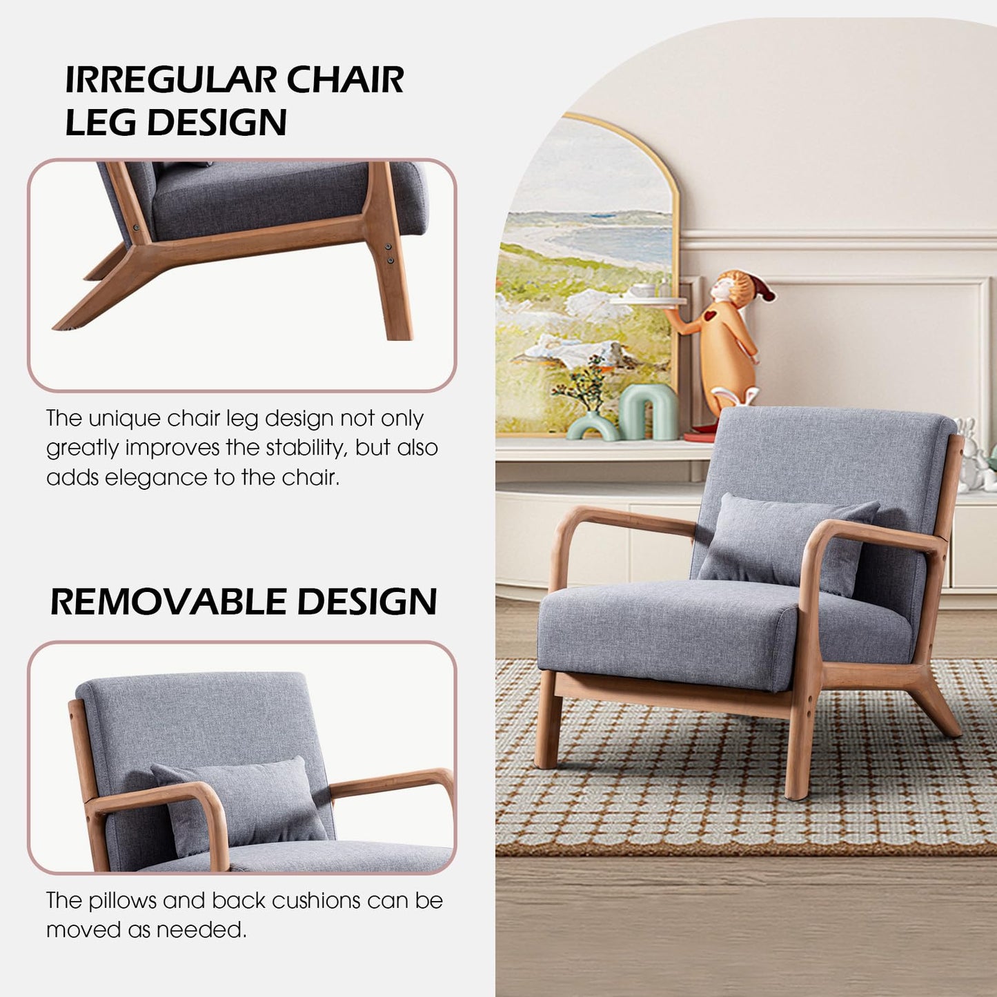 IOMOR Accent Chair Mid Century Modern Chair Linen Fabric Living Room Chairs with Solid Wood Frame Comfy Upholstered and Lumbar Pillow Reading Side Chair Easy Assembly for Bedroom Room (1, Linen Green)