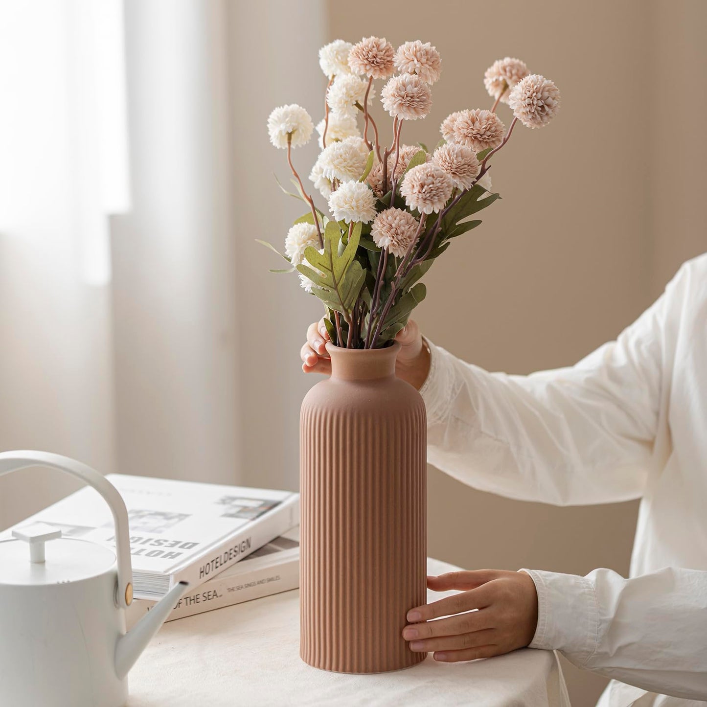 White Ribbed Ceramic Vase for Flowers, Modern Textured Decorative Vase, 10 Inch Tall, Farmhouse Style Home Decor (Matte Glaze White)