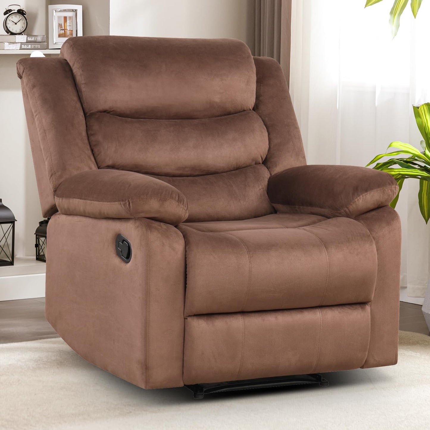 IOMOR Manual Recliner Chair with Overstuffed Arm and Extra-Padded Back, Breathable PU Leather Reclining Chair for Adults, Single Sofa for Living Room, Bedroom (Dark Brown)