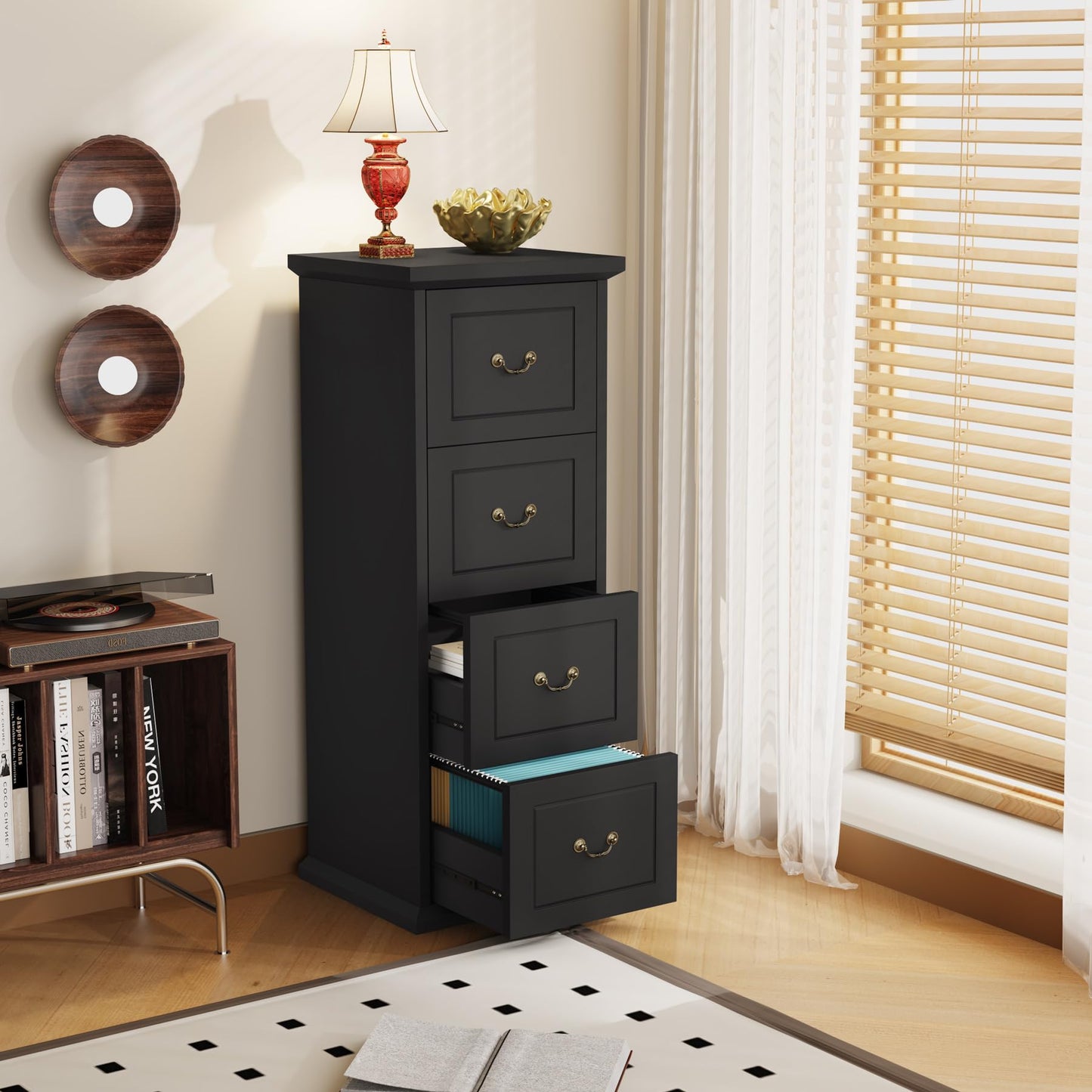 Tribesigns 4-Drawer File Cabinet, Vertical Wood Filing Cabinet for A4/Letter/Legal Size, Tall File Storage Printer Stand with Hanging Rails for Home Office, Classic Dark Walnut Finish