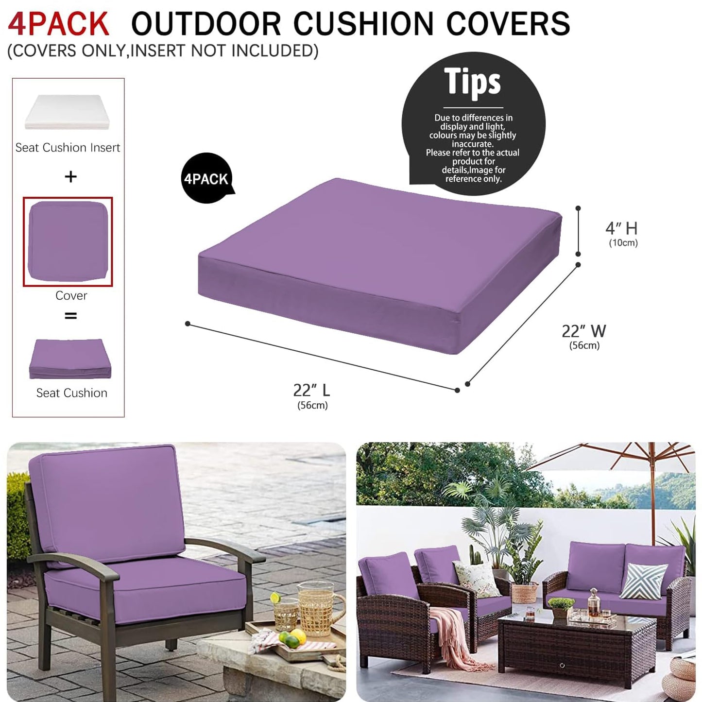 VAKADO Outdoor Patio Furniture Chair Cushion Replacement Covers Set of 4 Waterproof Decorative Cushion Cases Decor for Bench Garden Porch Couch Tent(Turquoise, 24"X24"X4")