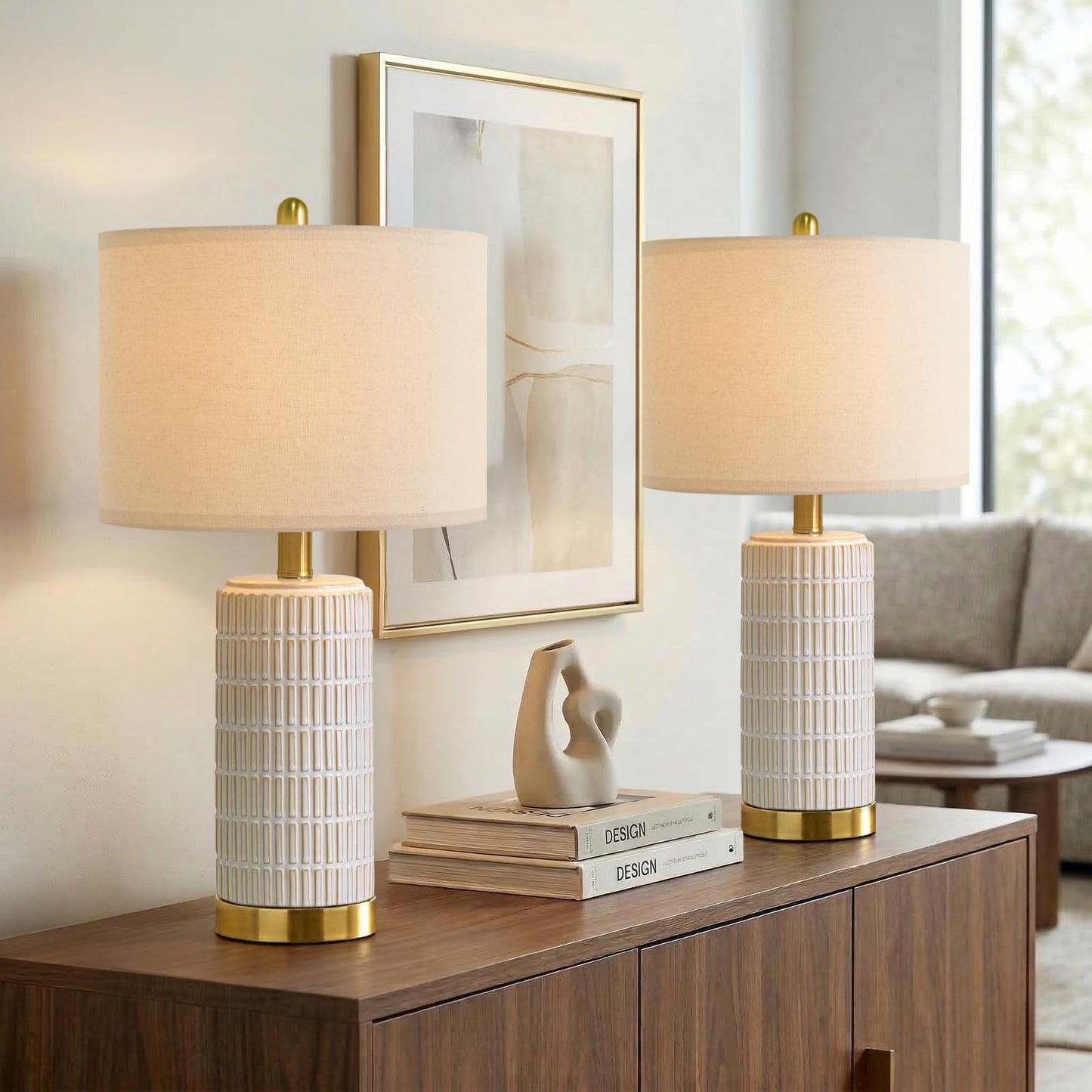 PoKat Small Bedside Table Lamps Set of 2 for Bedroom Living Room, 21.5'' Modern Ceramic Nightstand Lamps with Gold Base, Farmhouse Table Lamps for Office End Side Table Console, White and Beige