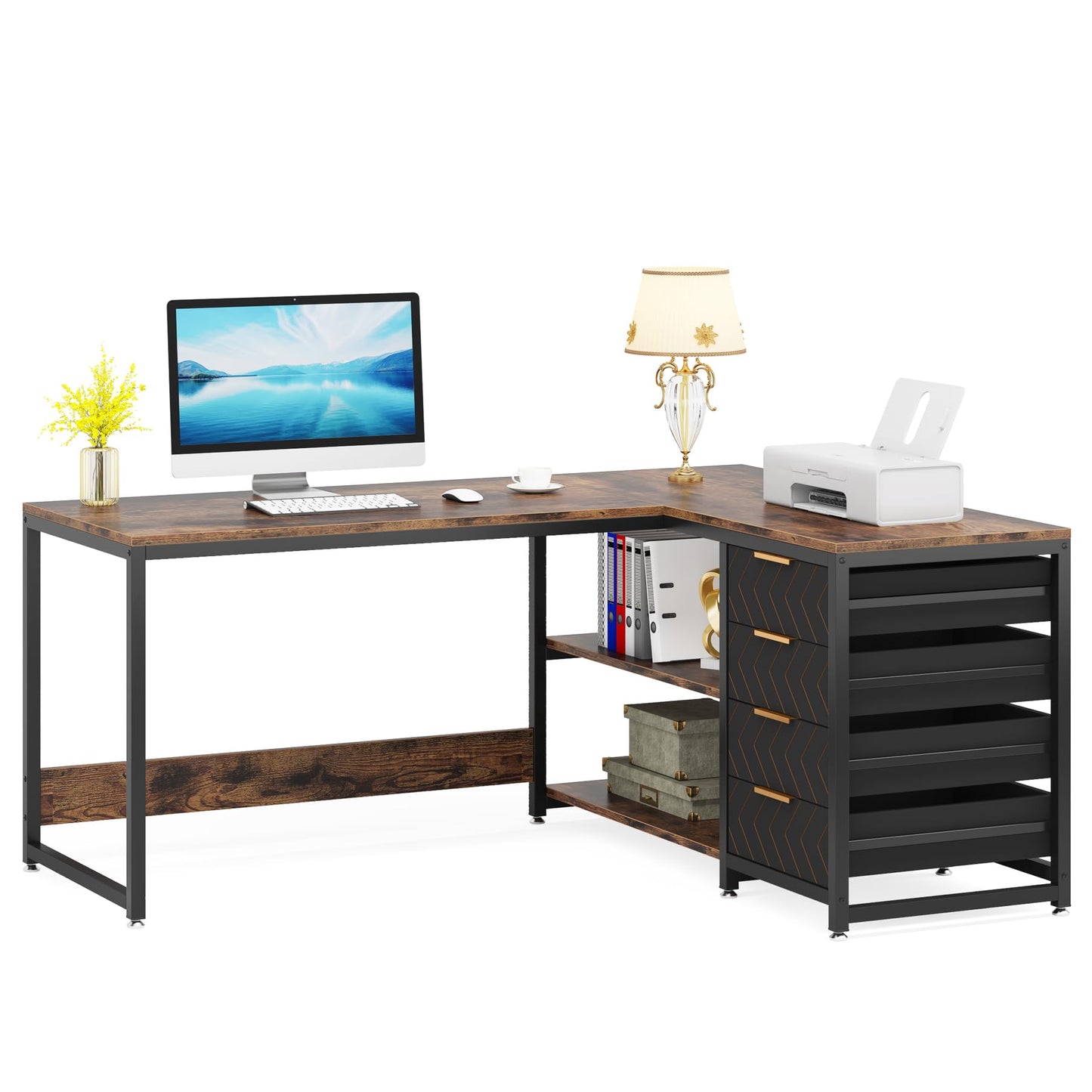 Tribesigns L Shaped Computer Desk with Storage Drawers, 59 inch Corner Desk with Shelves, Reversible L-Shaped Office Desk Study Writing Table Workstation for Home Office, Walnut & White