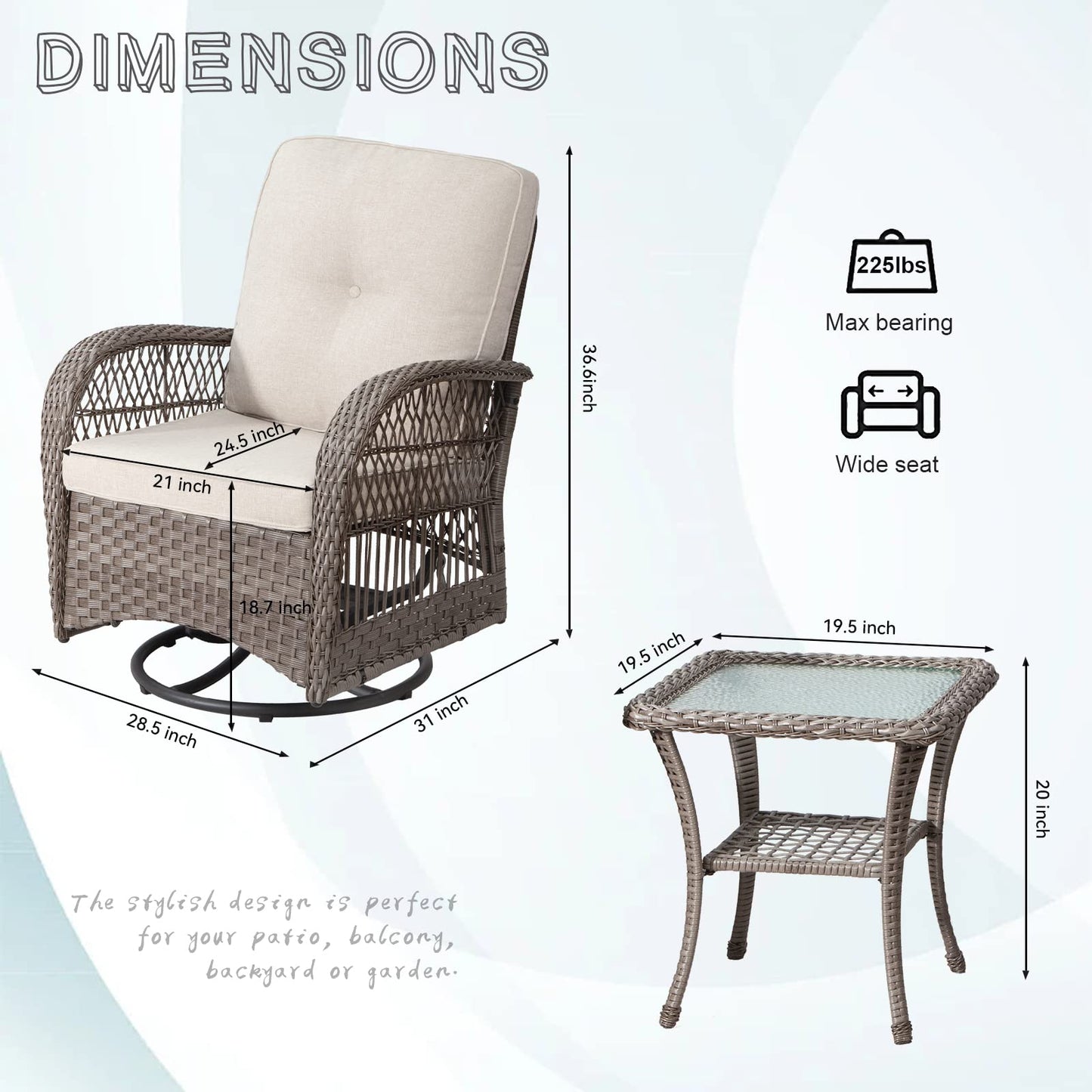 Joyside Patio Bistro Set, 3-Piece Outoodr Wicker Swivel Rocking Chair Set, Outdoor Patio Furniture Chair with Side Coffee Table & Durable Fabric Cushion(Brown/Beige)
