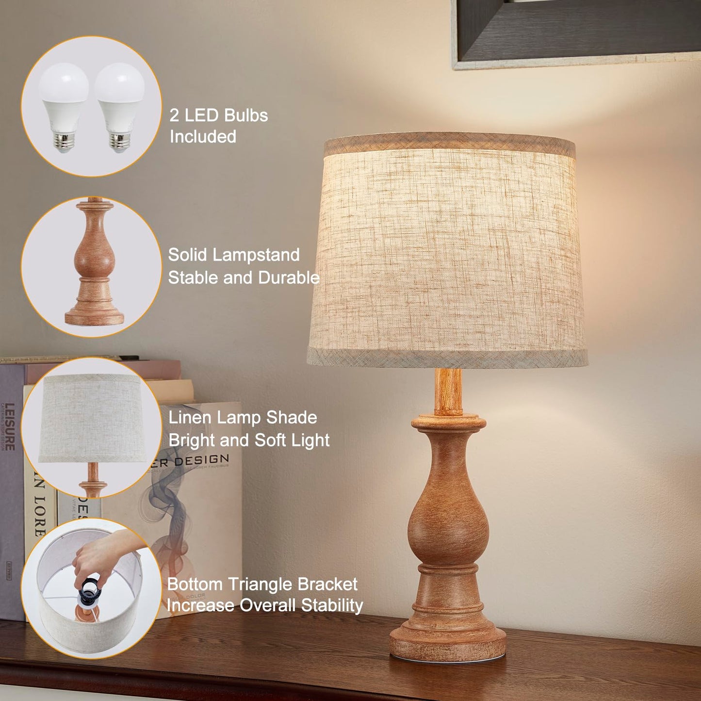 Vintage Table Lamp for Living Room Bedroom, 18.5" Farmhouse Bedside Lamps Nightstand Lamp Set of 2, Table Lamps with Oatmeal Linen Lamp Shades, 2 LED Bulbs Included