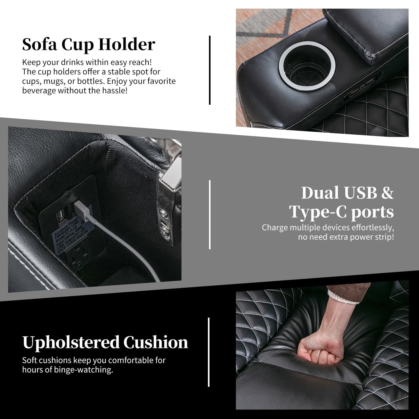 IOMOR Home Theater Seating with USB Ports and Cup Holders, Overstuffed Faux Leather Electric Power Recliner Chair with Hidden Arm Storage, Ambient Lighting (1, Black+Lighting)