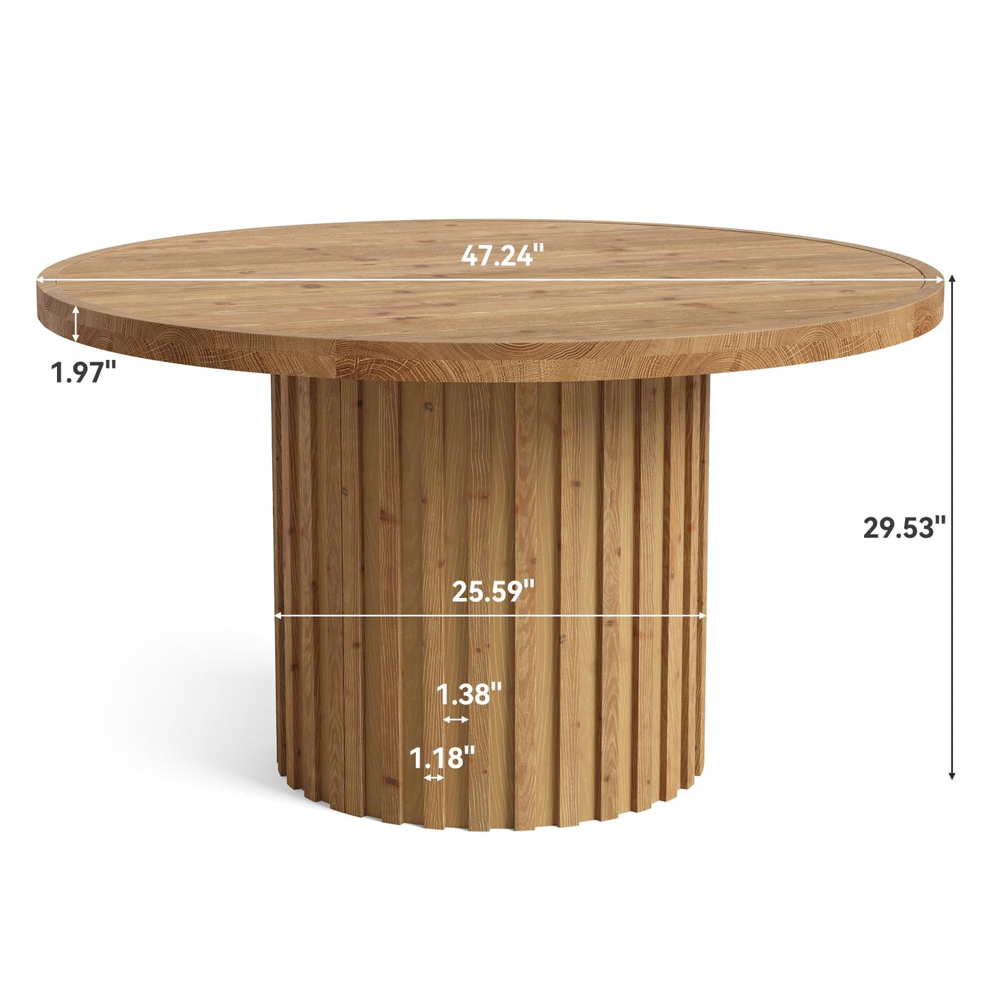 47" Solid Wood Dining Table for 4-6, Farmhouse Round Kitchen Table with Striped Pedestal Base, Circle Wooden Dining Room Furniture for Kitchen Living Room, Wood Tabletop+MDF Pedestal Base