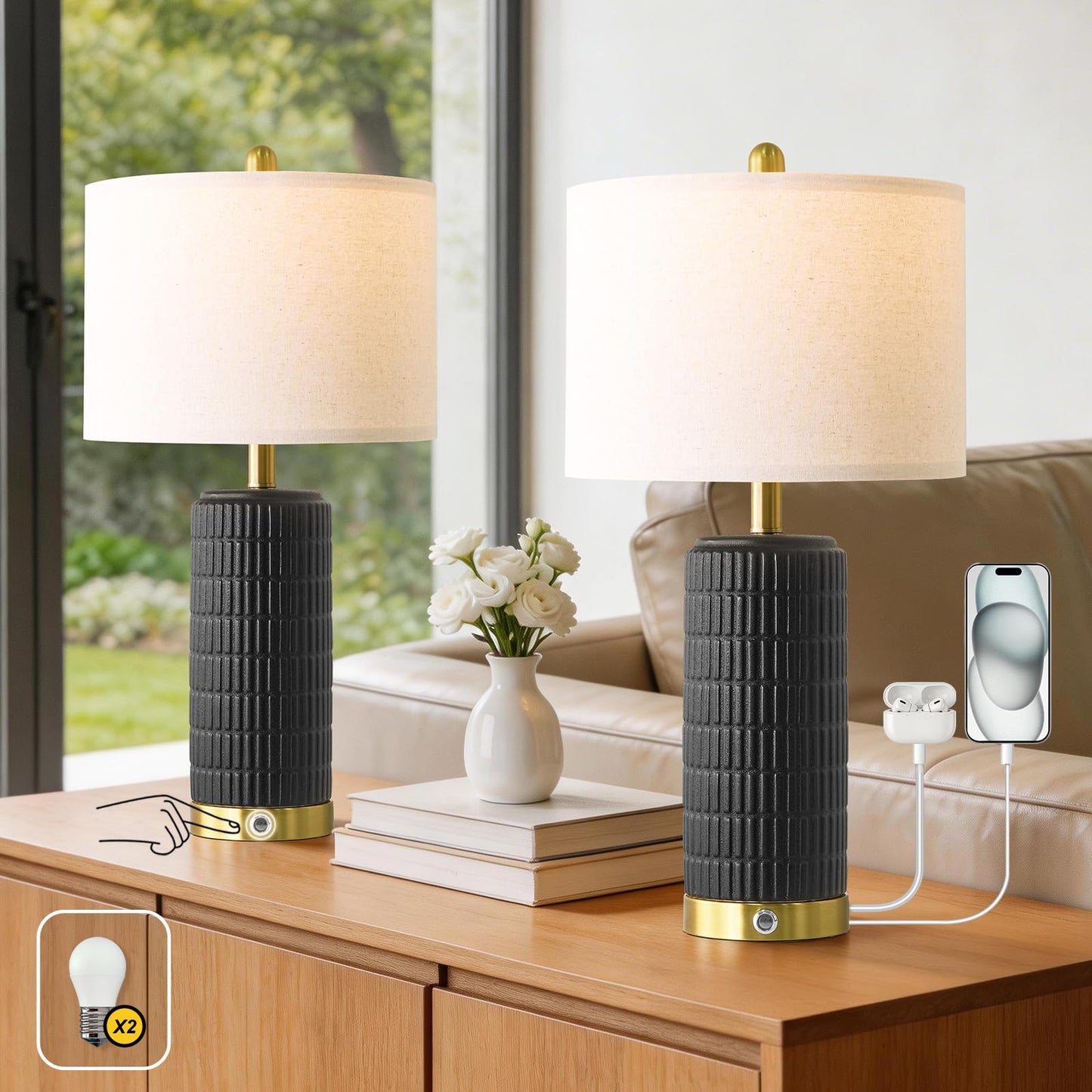 PoKat Touch Bedside Table Lamps with USB Ports for Bedroom Living Room, 25'' Dimmable Nightstand Touch Lamps for Living Room, Modern Ceramic Lamps for Night Stands Bedroom, Office, White and Beige