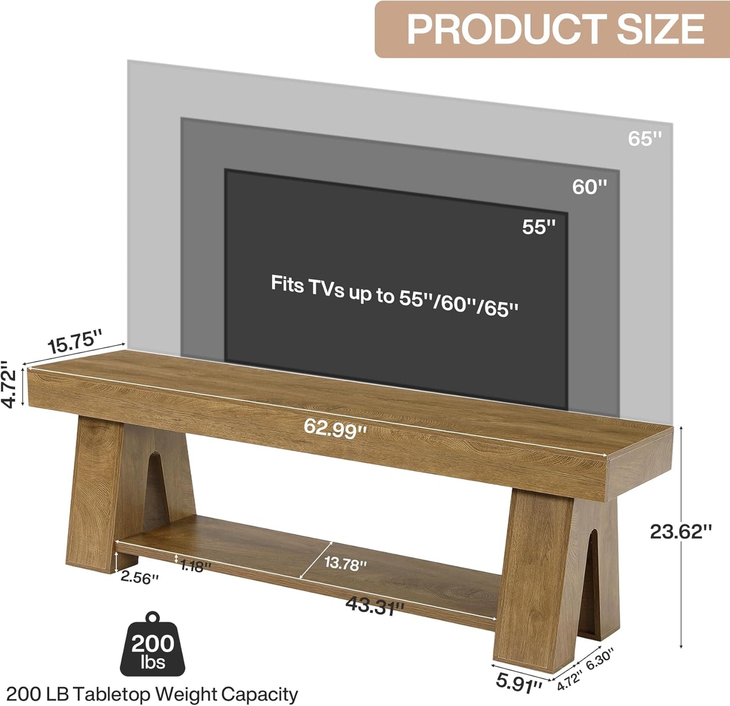 Tribesigns Wooden TV Stand for TVs up to 65'', Natural Brown Modern Entertainment Center with Lower Open Shelf, 63" Farmhouse TV Media Console for Living Room, Bedroom or Home Office