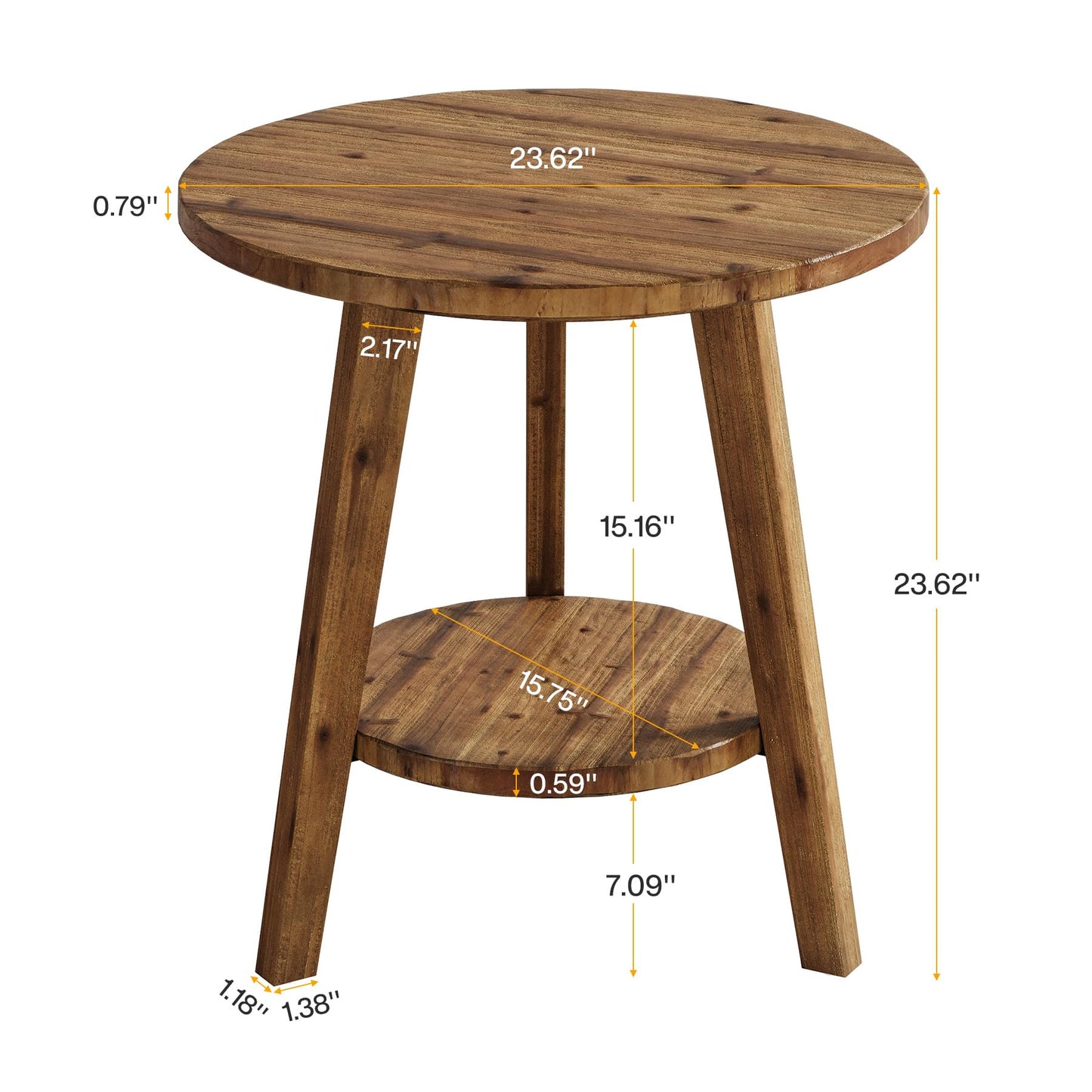 Solid Wood Round End Table, Sofa Side Table with Storage Shelf, Farmhouse Nightstand for Living Room, Bedroom, Easy Assembly (Dark Brown, 1 PC)