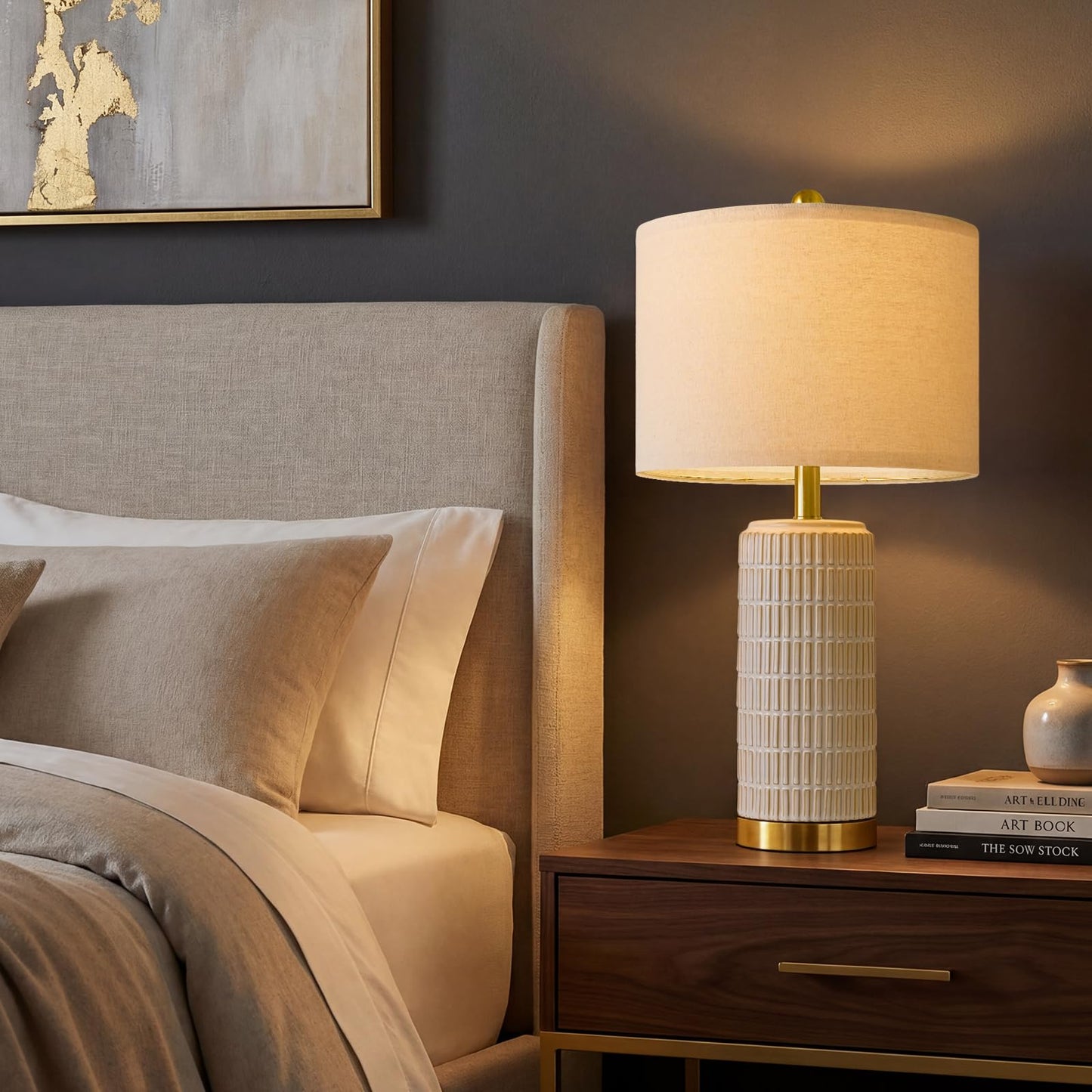 PoKat Small Bedside Table Lamps Set of 2 for Bedroom Living Room, 21.5'' Modern Ceramic Nightstand Lamps with Gold Base, Farmhouse Table Lamps for Office End Side Table Console, White and Beige